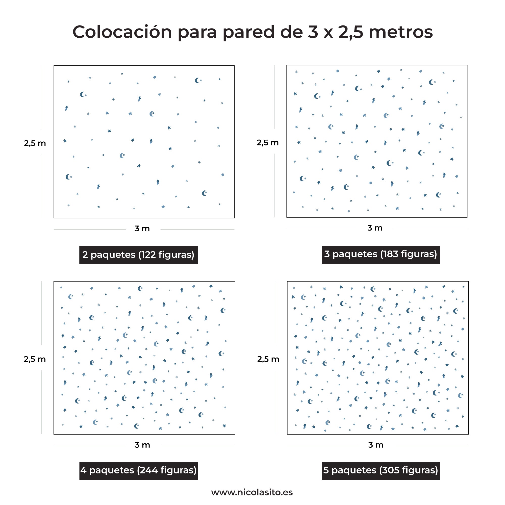 Imagen que muestra cómo quedarían diferentes paquetes del vinilo decorativo y adhesivo en forma de estrellas y lunas sobre una pared de 3x2,5m - Nicolasito.es