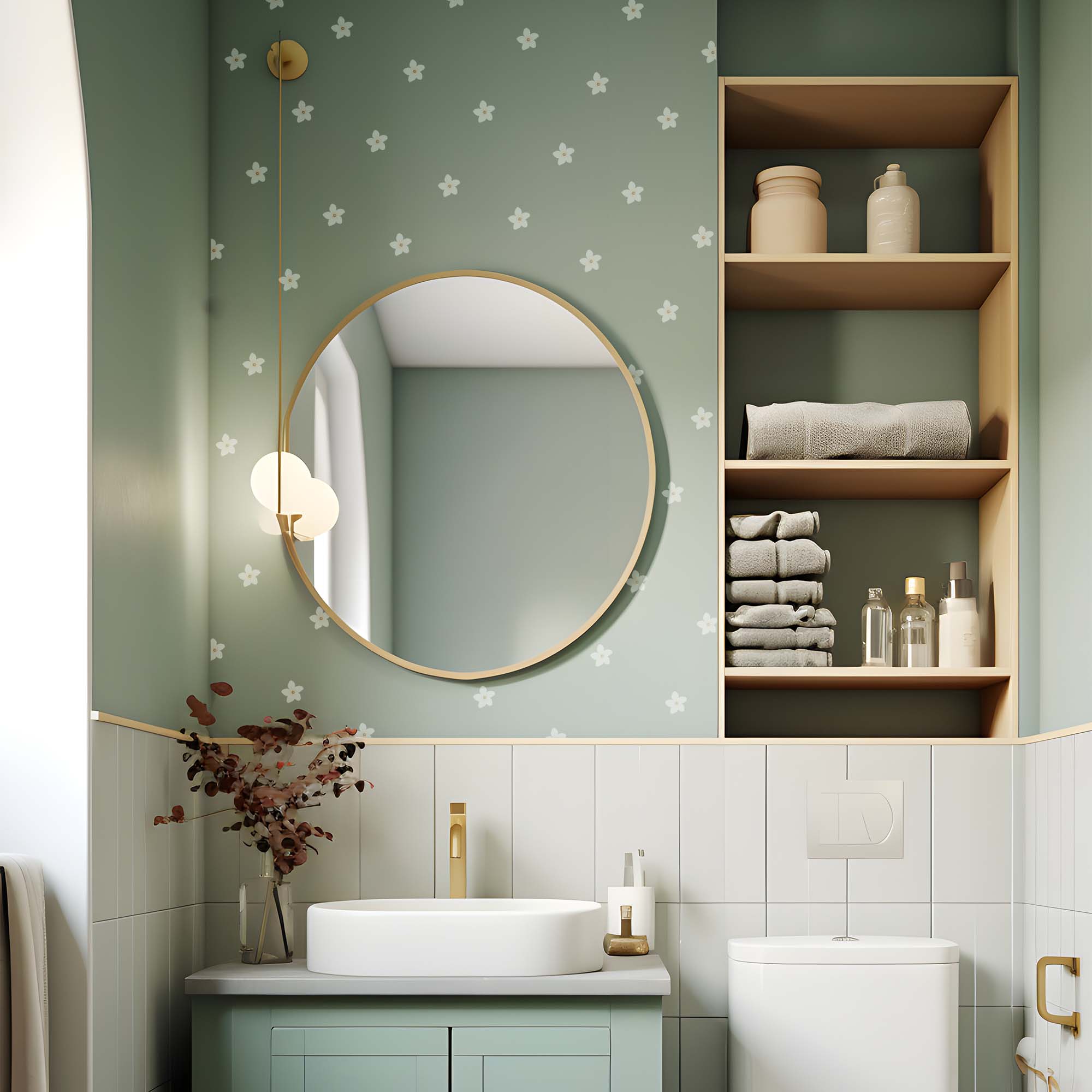 Imagen de baño con paredes lisas y de color verde, decoradas con vinilo flores de cerezo en color hueso, creando una decoración primaveral y fresca en el baño - Nicolasito.es  #color_flores cerezo hueso