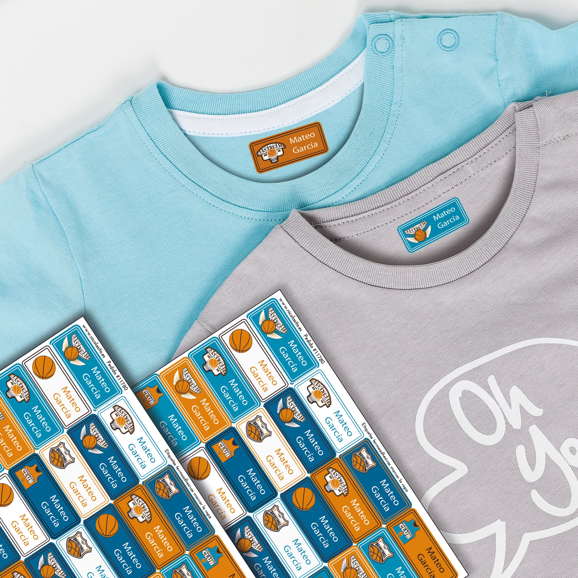 Etiquetas termoadhesivas personalizadas de baloncesto para ropa infantil con nombre, ideales para marcar camisetas, uniformes escolares y prendas deportivas - Nicolasito.es #Color_Baloncesto