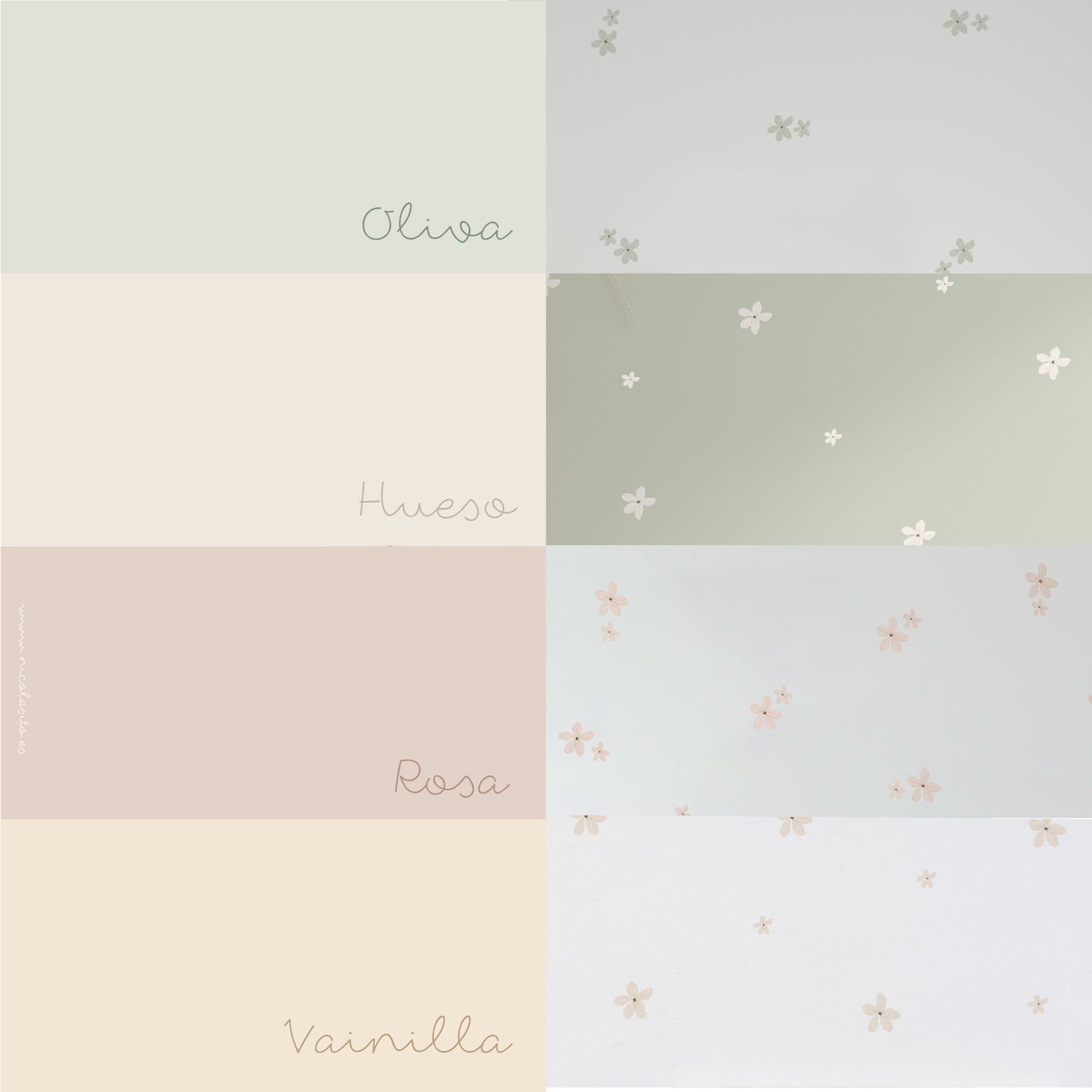 Detalle visual de los cuatro colores disponibles del vinilo decorativo flores boho, selección de tonos neutros y tierra para decorar paredes con estilo bohemio - Nicolasito.es