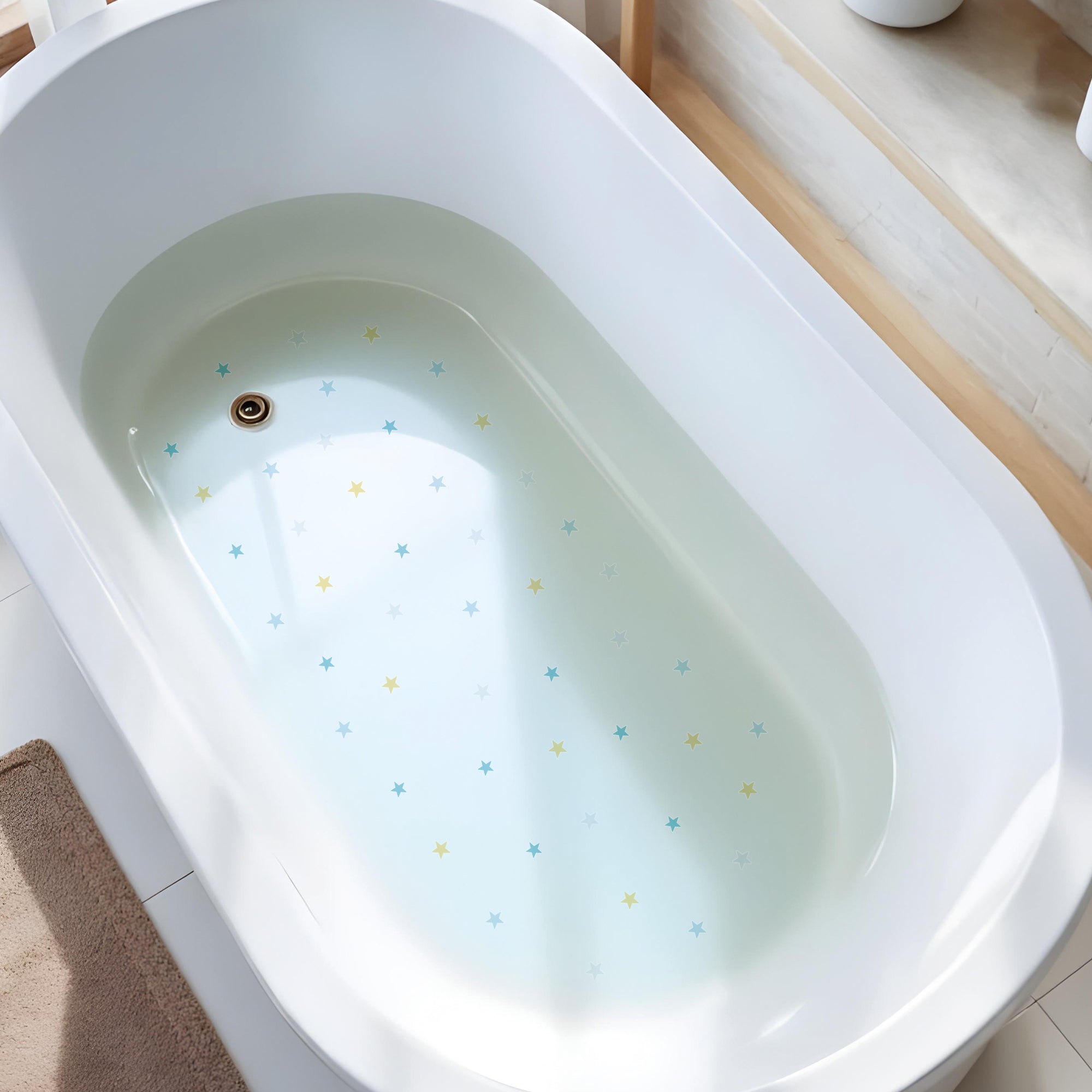 Imagen detallada de bañera minimalista con 42 vinilos antideslizantes en forma de estrella de color azul que ayudan a evitar resbalonesdurante el baño creando un ambiente seguro - Nicolasito.es #color_Azul