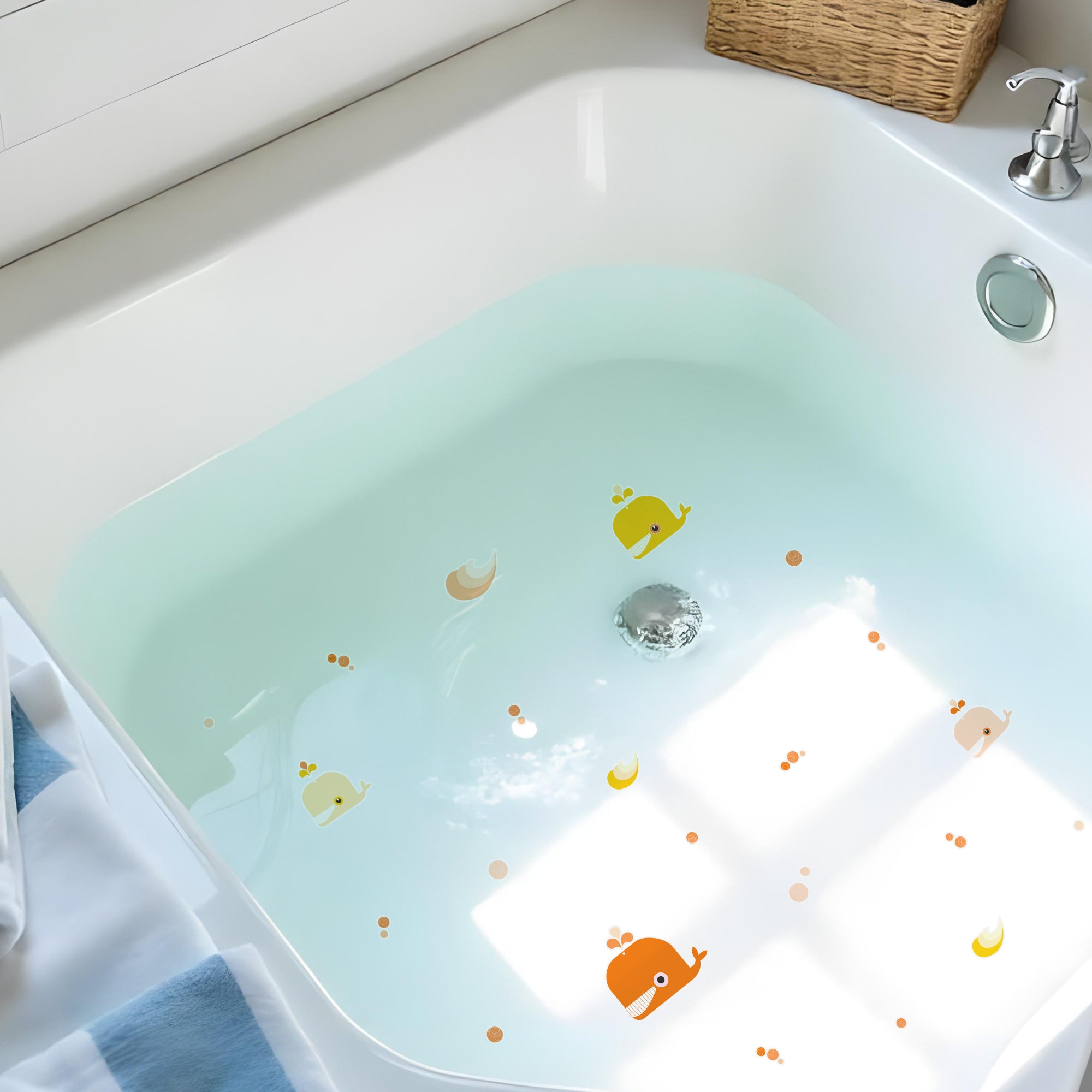 plano detalle de bañera con fondo blanco y con 4 pegatinas antideslizantes infantiles en forma de ballenas de color naranja y olas para evitar resbalones durante el baño - Nicolasito.es #color_Naranja