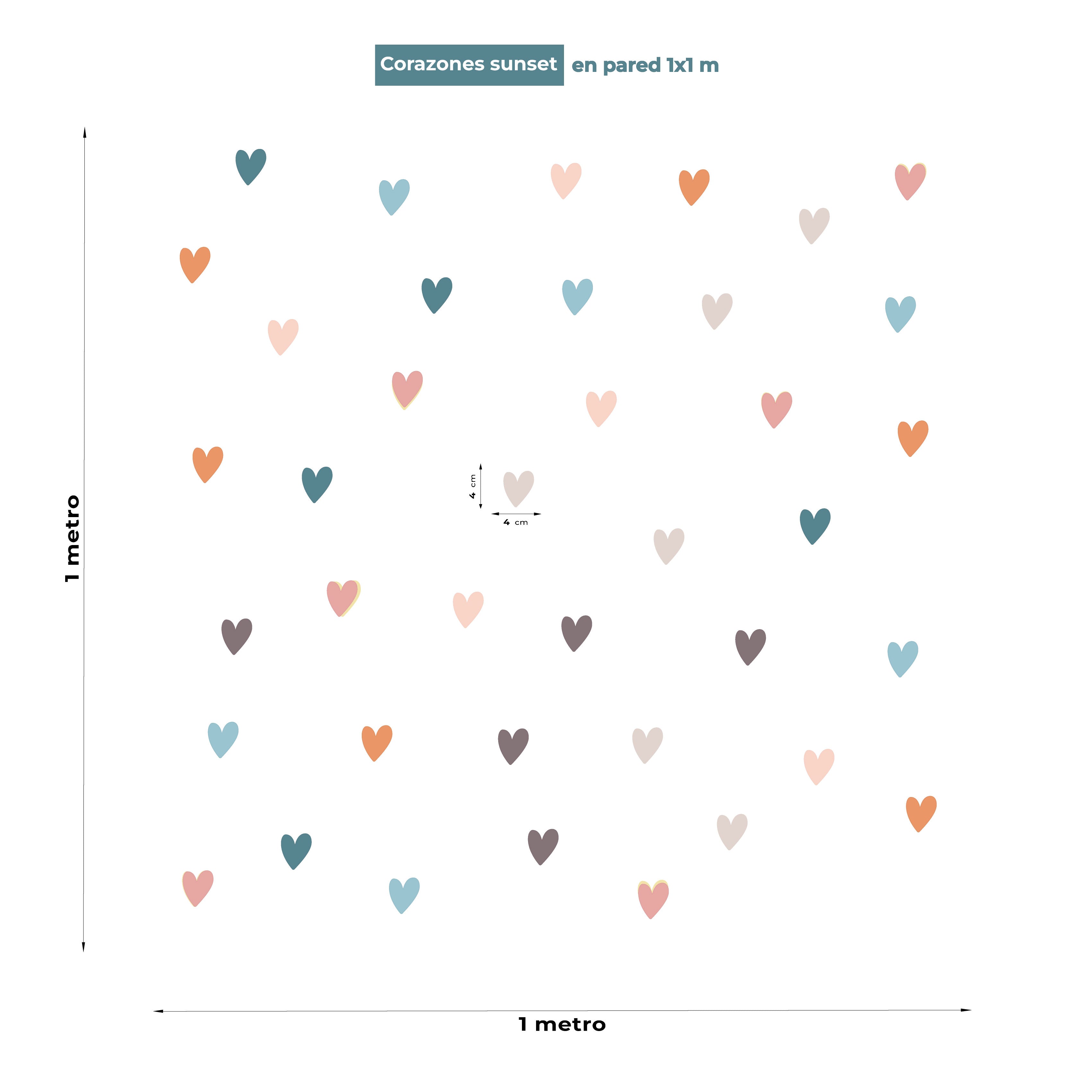 Distribución de vinilos decorativos de corazones Sunset sobre pared de 1x1 metro con medidas de referencia - Nicolasito.es #color_Sunset