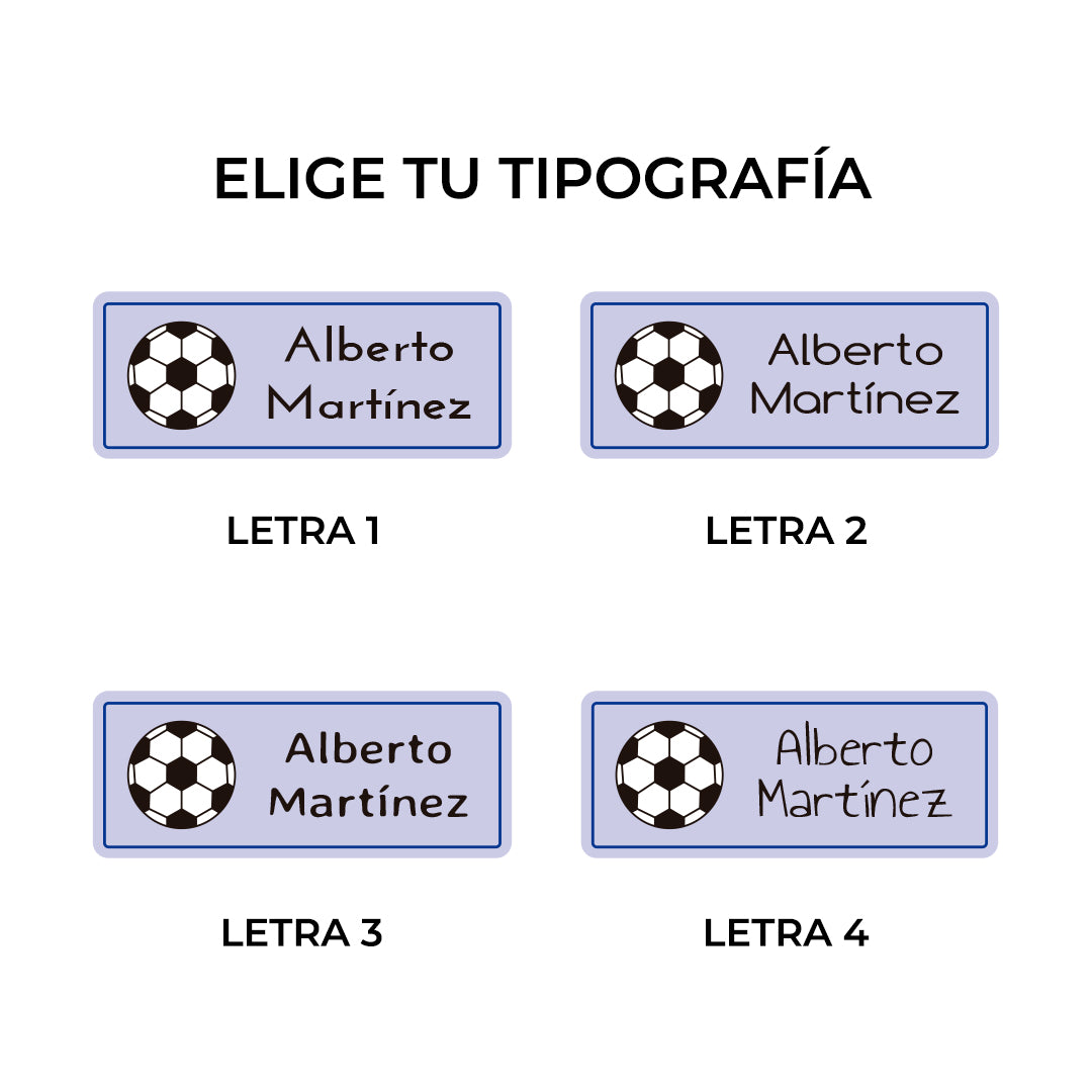 Opciones de tipografía para etiquetas personalizadas de fútbol con nombre, diseño de balón y diferentes estilos de letra para marcar material escolar - Nicolasito.es #Color_Fútbol Selección Española