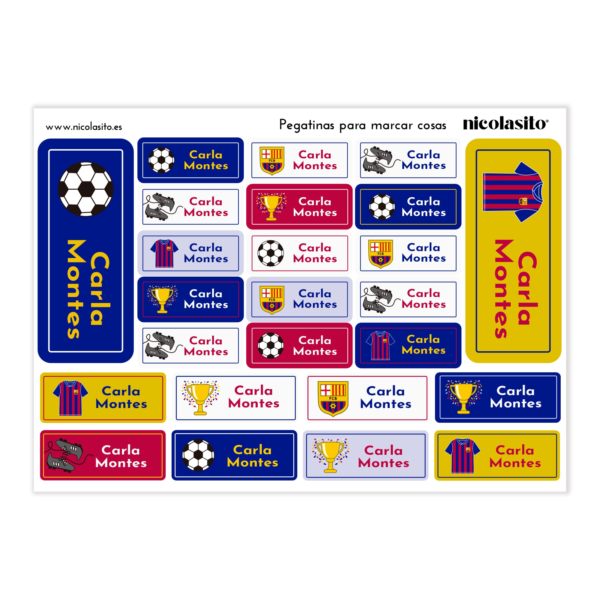 Etiquetas adhesivas con nombre del FC Barcelona para marcar material escolar - Nicolasito.es #Color_Fútbol BarÇa