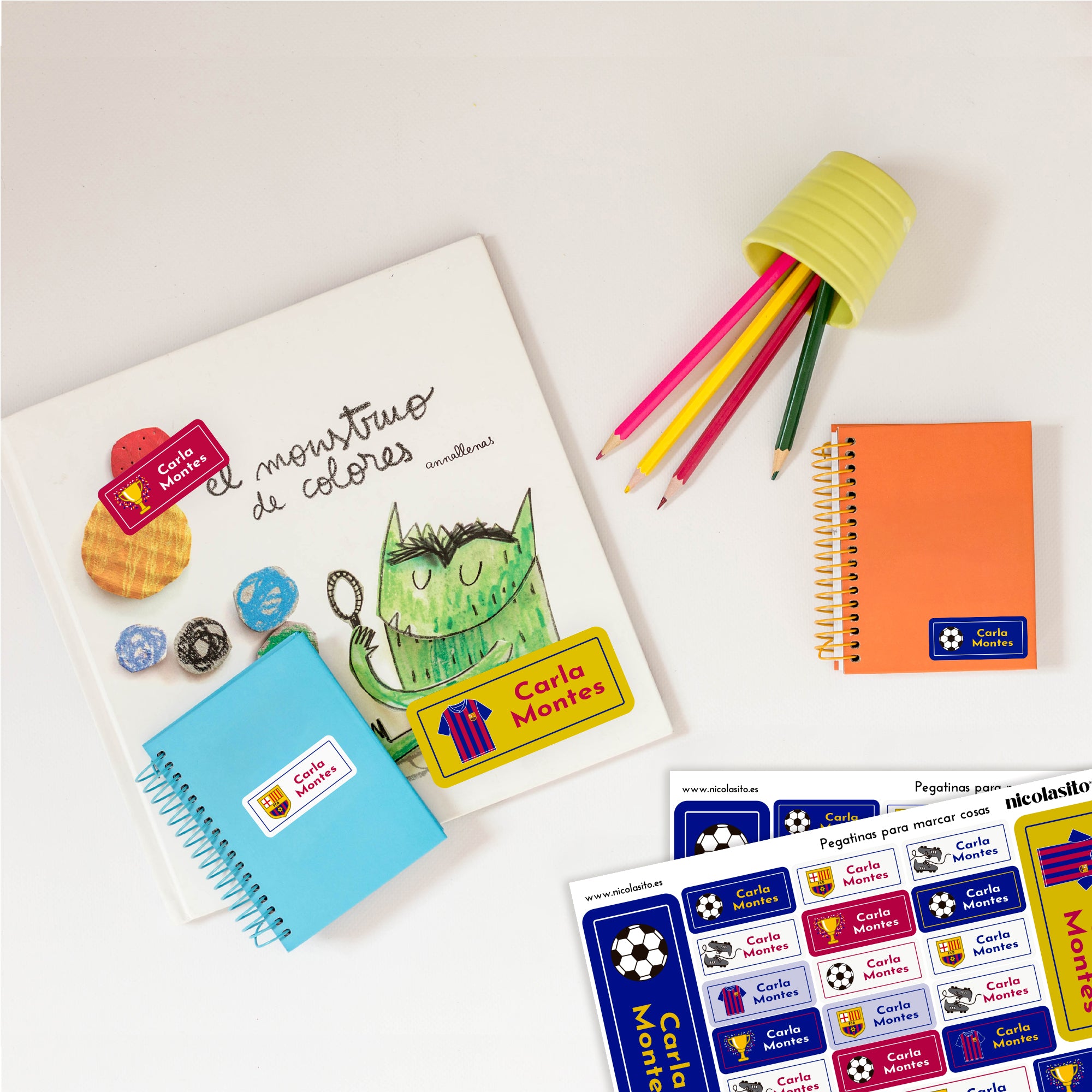 Etiquetas personalizadas FC Barcelona con nombre para marcar material escolar infantil, cuadernos, libros y accesorios - Nicolasito.es #Color_Fútbol BarÇa