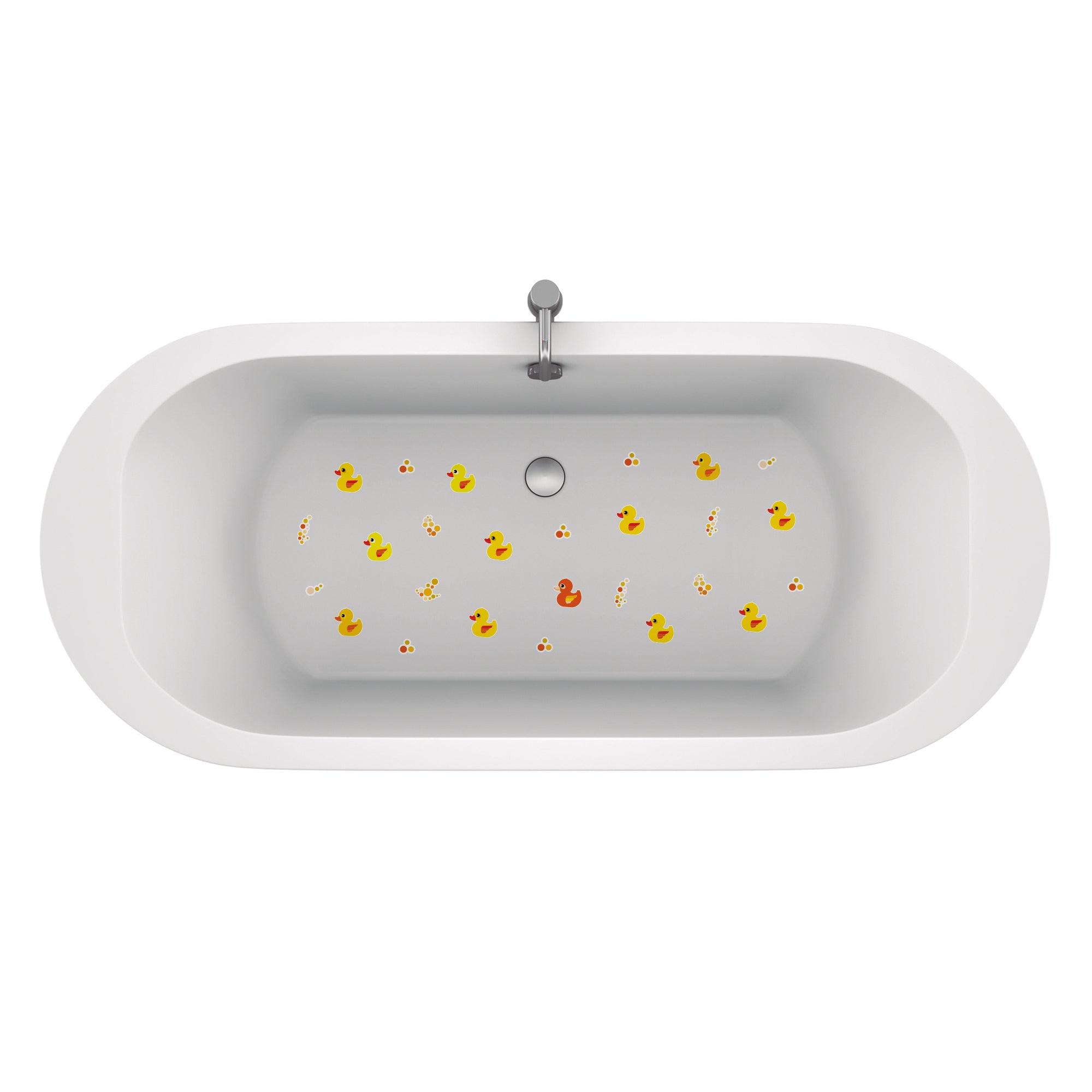 Vista superior de bañera con 12 adhesivos antideslizantes de patos amarillos distribuidos por el fondo destacando su colorido para la decoración del baño _ Vinilo Antideslizante Patitos de Nicolasito.es