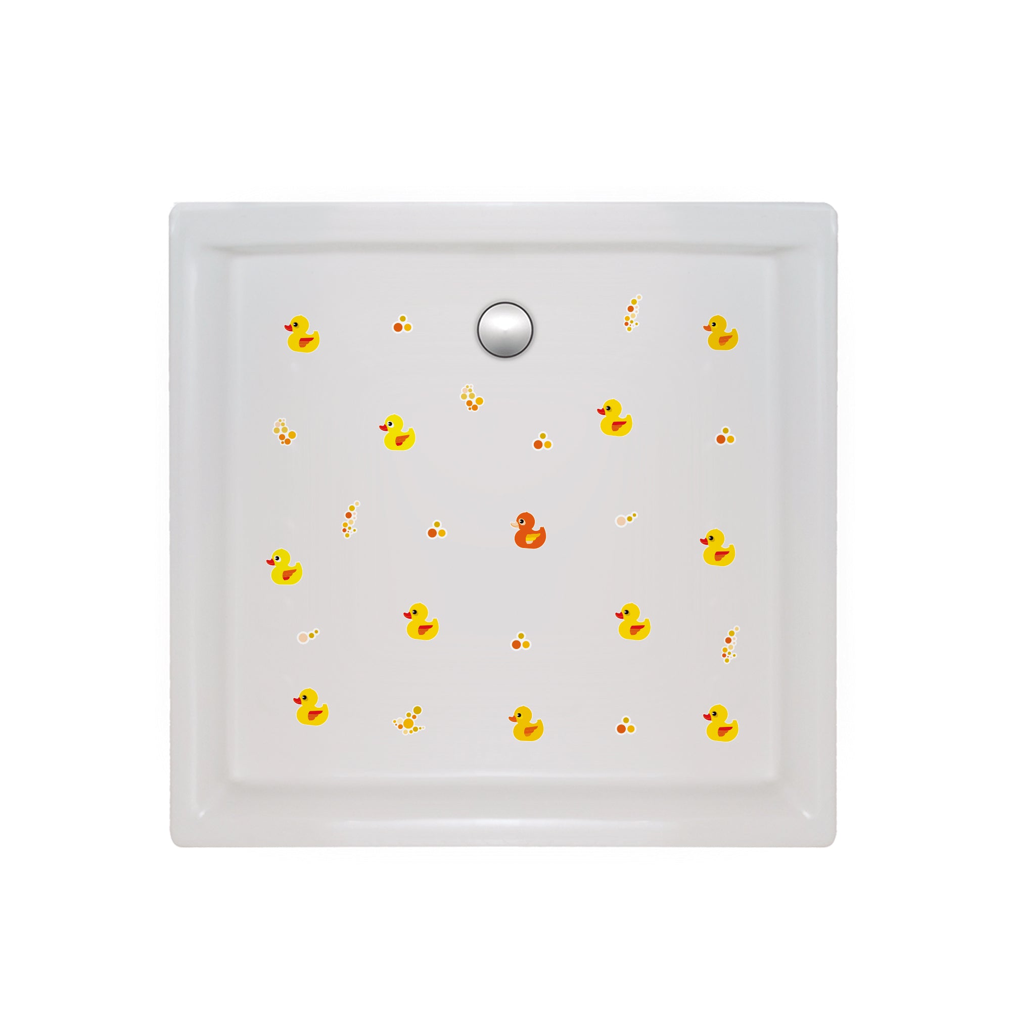Plano detalle de set de 12 vinilos antideslizantes infantiles en forma de patitos colocados sobre plato de ducha para evitar resbalones durante el baño creando un ambiente divertido y seguro - Nicolasito.es