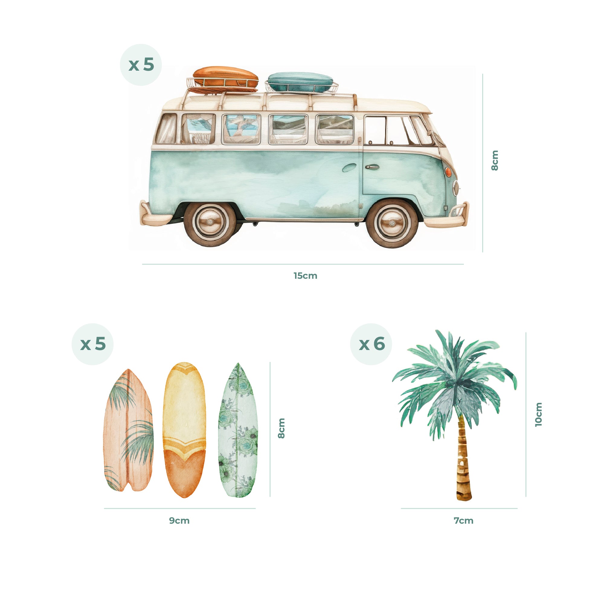 Detalle de las medidas de los diferentes diseños que forman el vinilo decorativo para pared Salinas de estilo playa infantil removible - Nicolasito.es