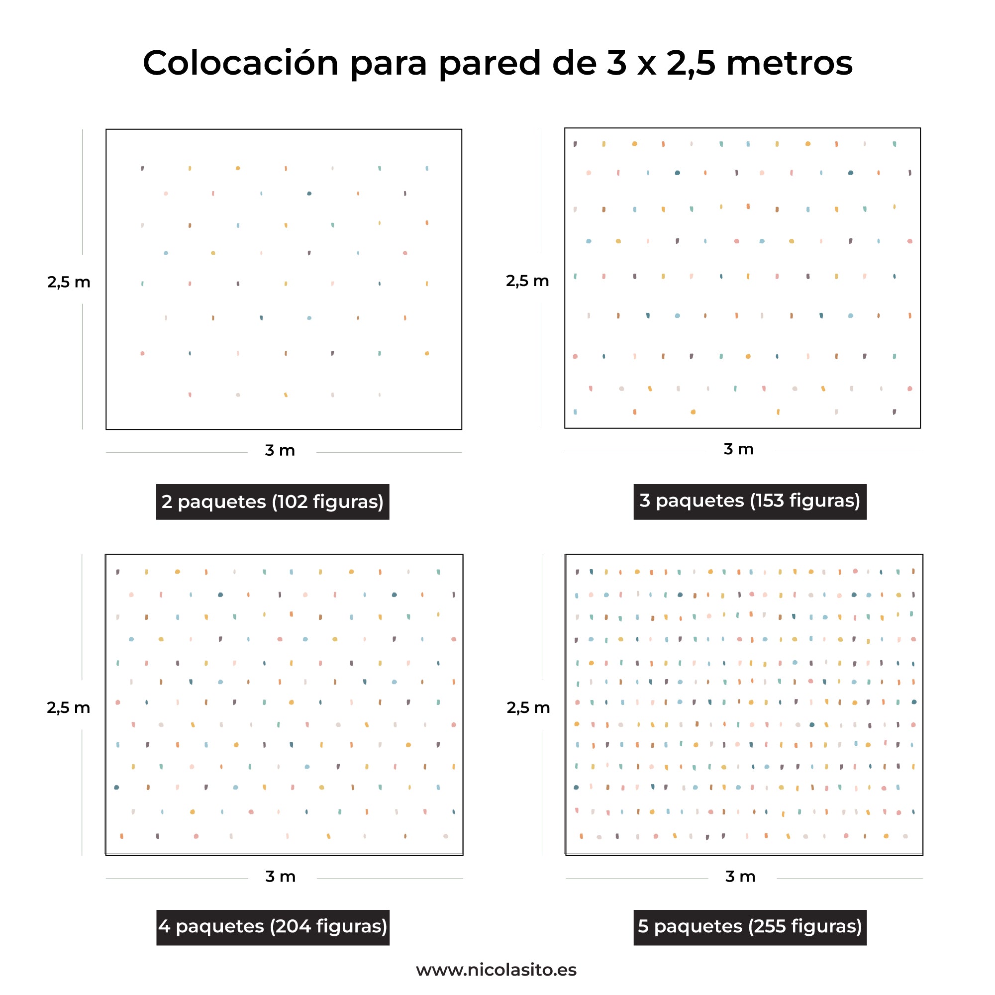 Imagen que muestra ejemplo de como quedan diferentes paquetes de vinilo decorativo de paredes en forma de manchas de pintura sobre pared de 3x2,5m - Nicolasito.es