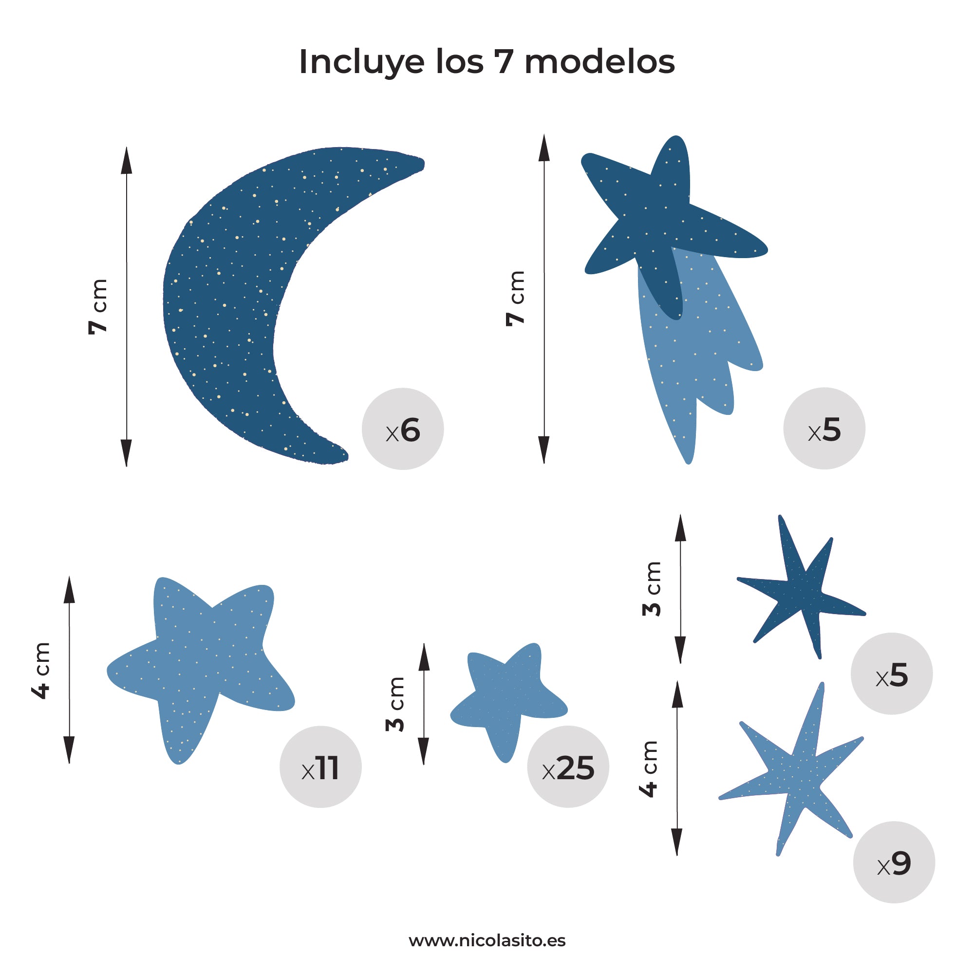 Imagen detalle del tamaño y de la cantidad que inclue un paquete del vinilo decorativo de paredes en forma de estrellas y lunas - Nicolasito.es
