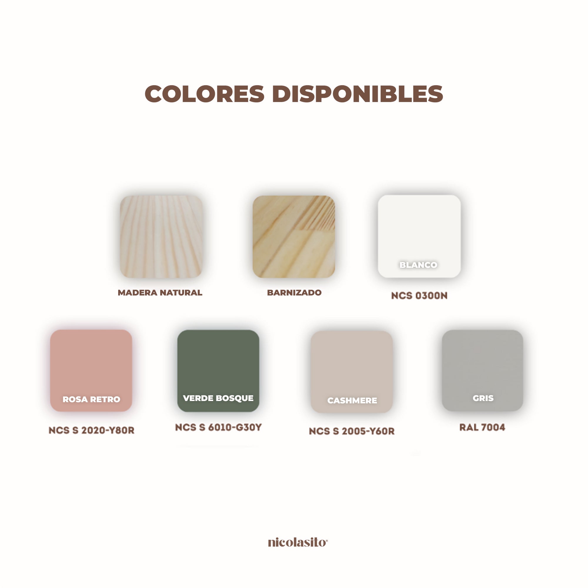 Muestra de colores disponibles para la Cama Nórdica Natural Nido en diferentes tonos de madera y acabados infantiles - Nicolasito.es