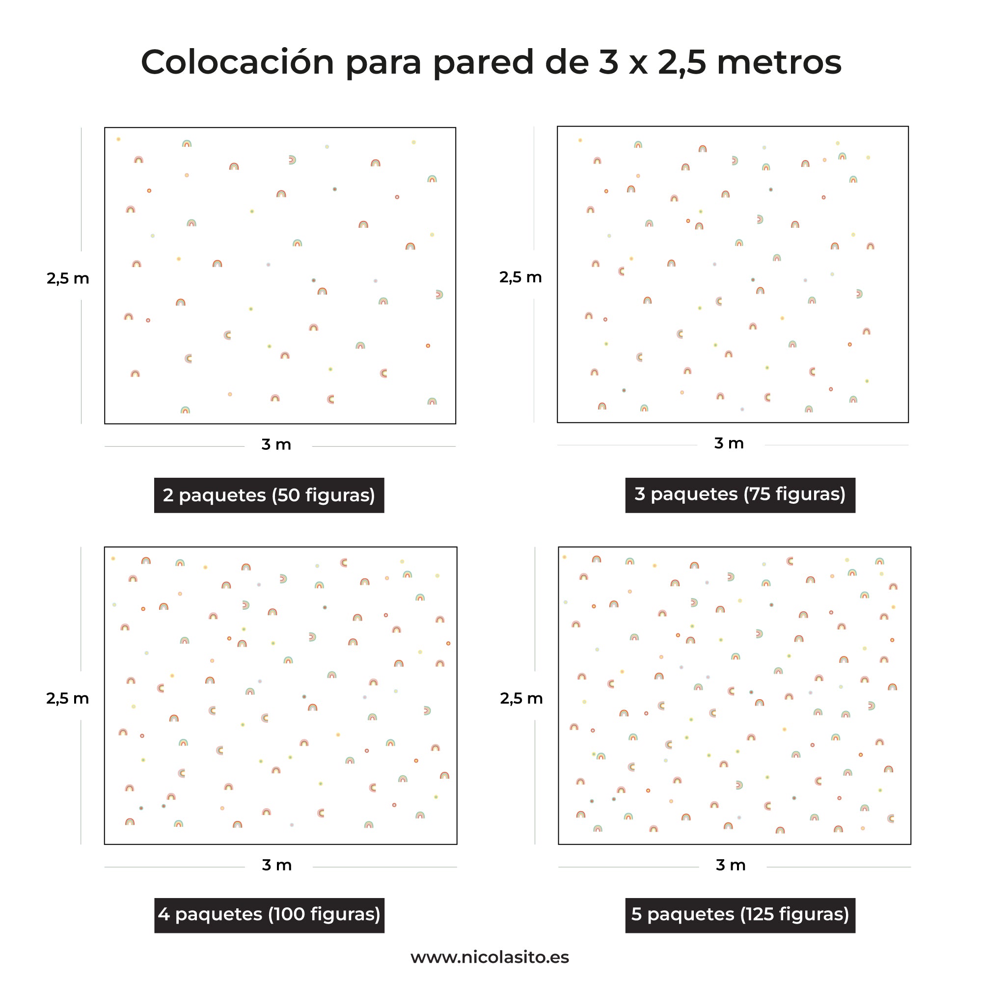 Ejemplo colocación de varios paquetes de vinilo decorativo adhesivo de paredes en forma de arcoiris de colores sobre pared de 3x2,5 metros - Nicoalsito.es