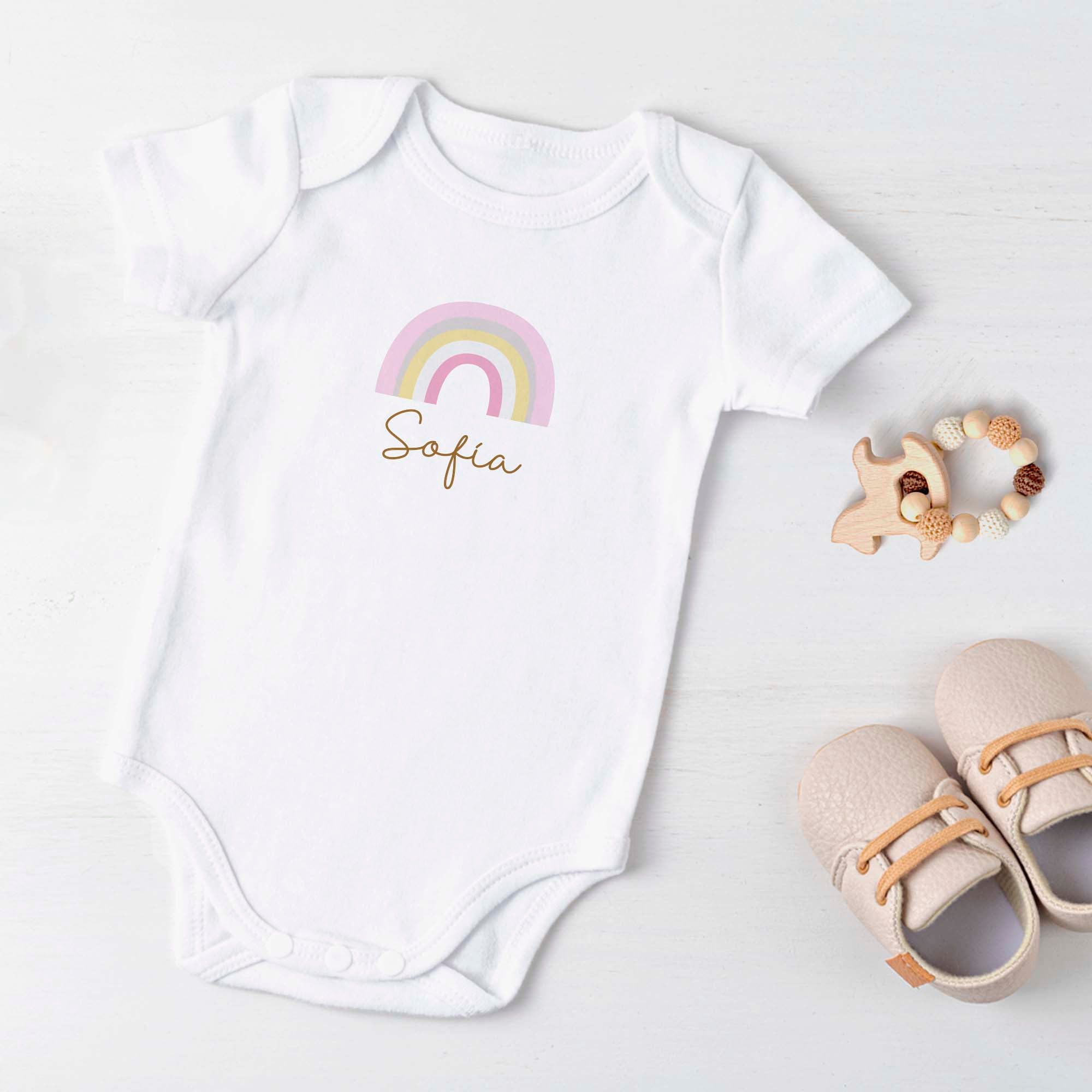 comprar body inantil personalizado con dibujo de arcoiris en color rosa