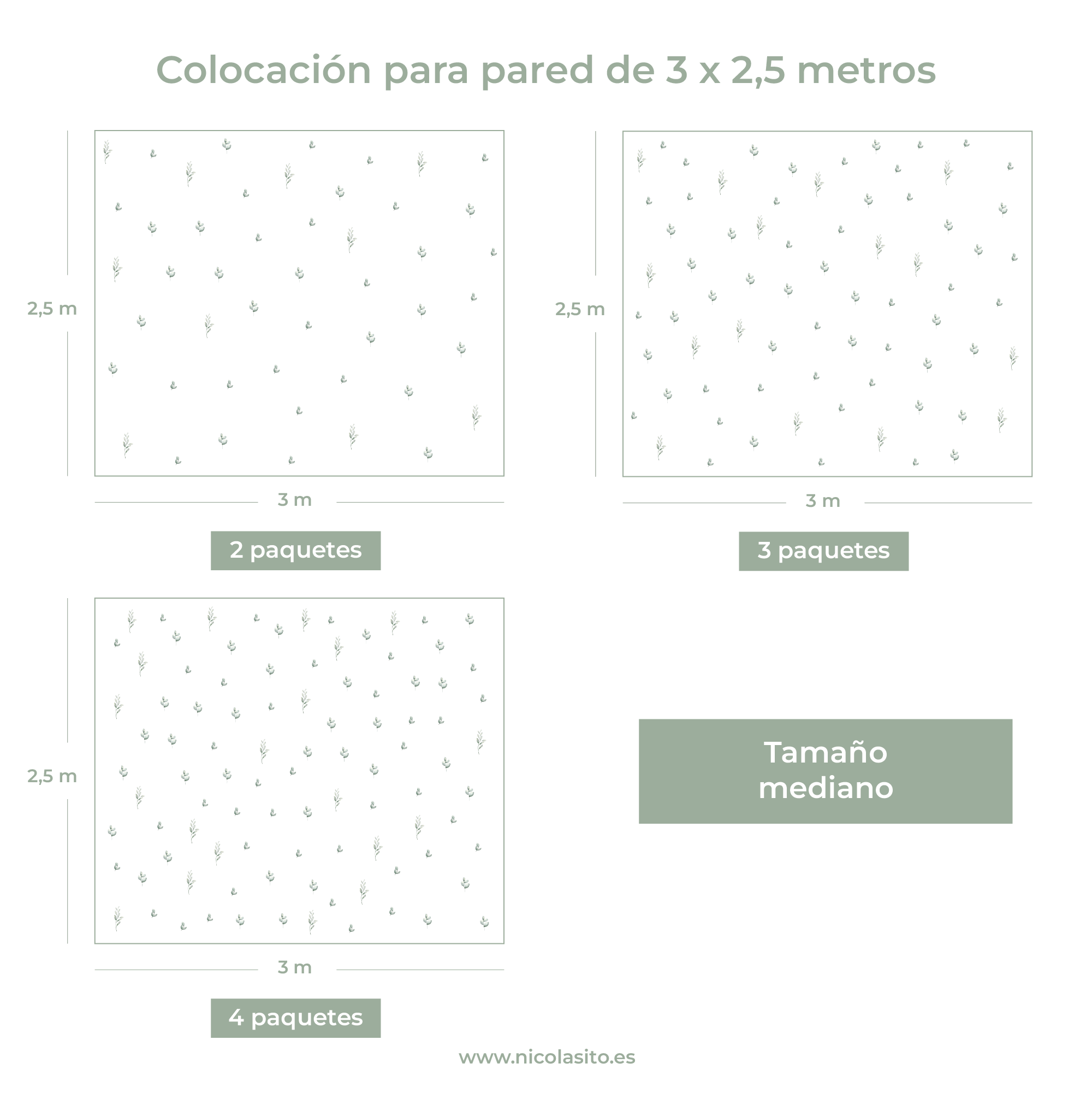 Imagen informativa sobre cómo queda el vinilo decorativo de plantas bohemio en color verde y en tamaño mediano, colocado en un pared de 3 m x 2,5 m; opción perfecta para salones, pasillos o habitaciones que buscan un estilo natural y relajado sin recargar el ambiente - Nicolasito.es
#tamaño_Mediano