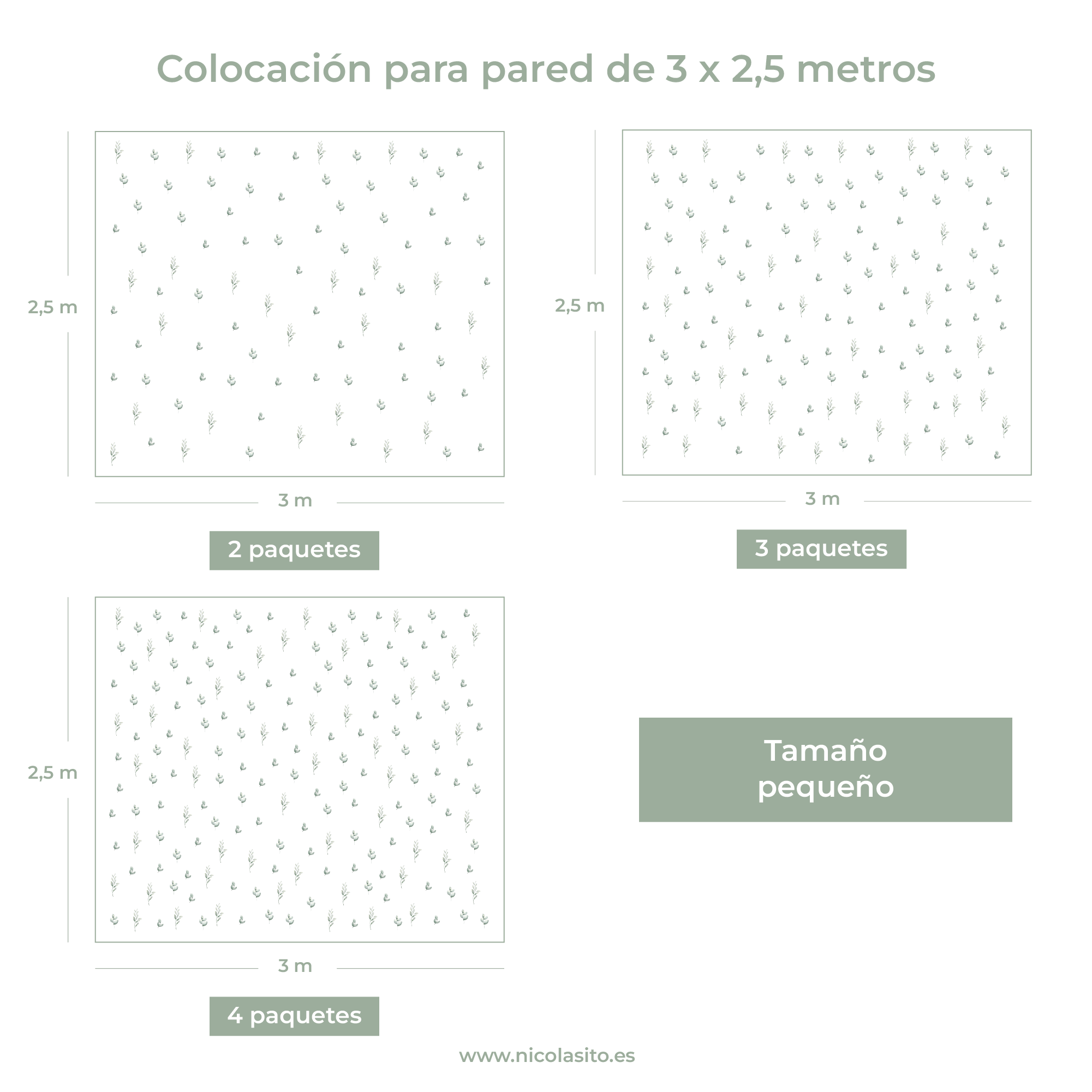 Cómo colocar vinilo decorativo de pared con diseño conjunto de plantas estilo bohemio en tamaño pequeño, sobre una pared blanca de 3 m x 2,5 m; ideal para rincones, espacios reducidos o decoración minimalista con un toque natural - Nicolasito.es #tamaño_Pequeño