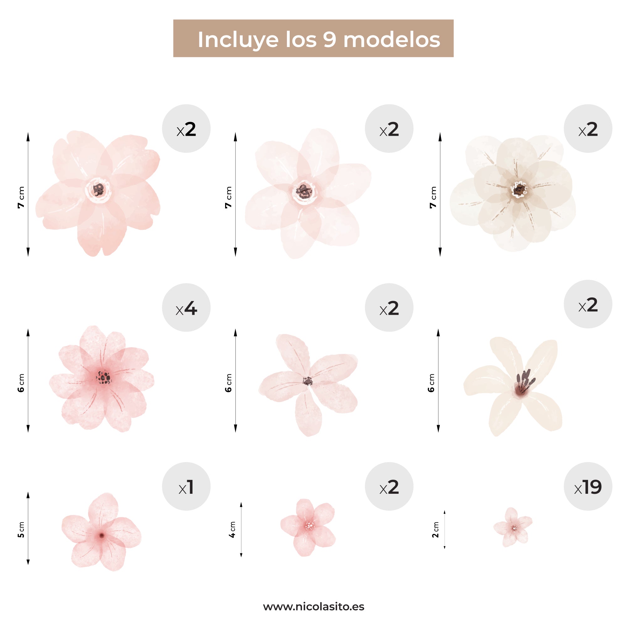 Plano detalle donde se muestra las medidas a tamaño real del vinilo decorativo adhesivo para paredes flores de verano en color rosa y con acabado efecto acuarela. Adhesivo de alta calidad removible - Nicolasito.es