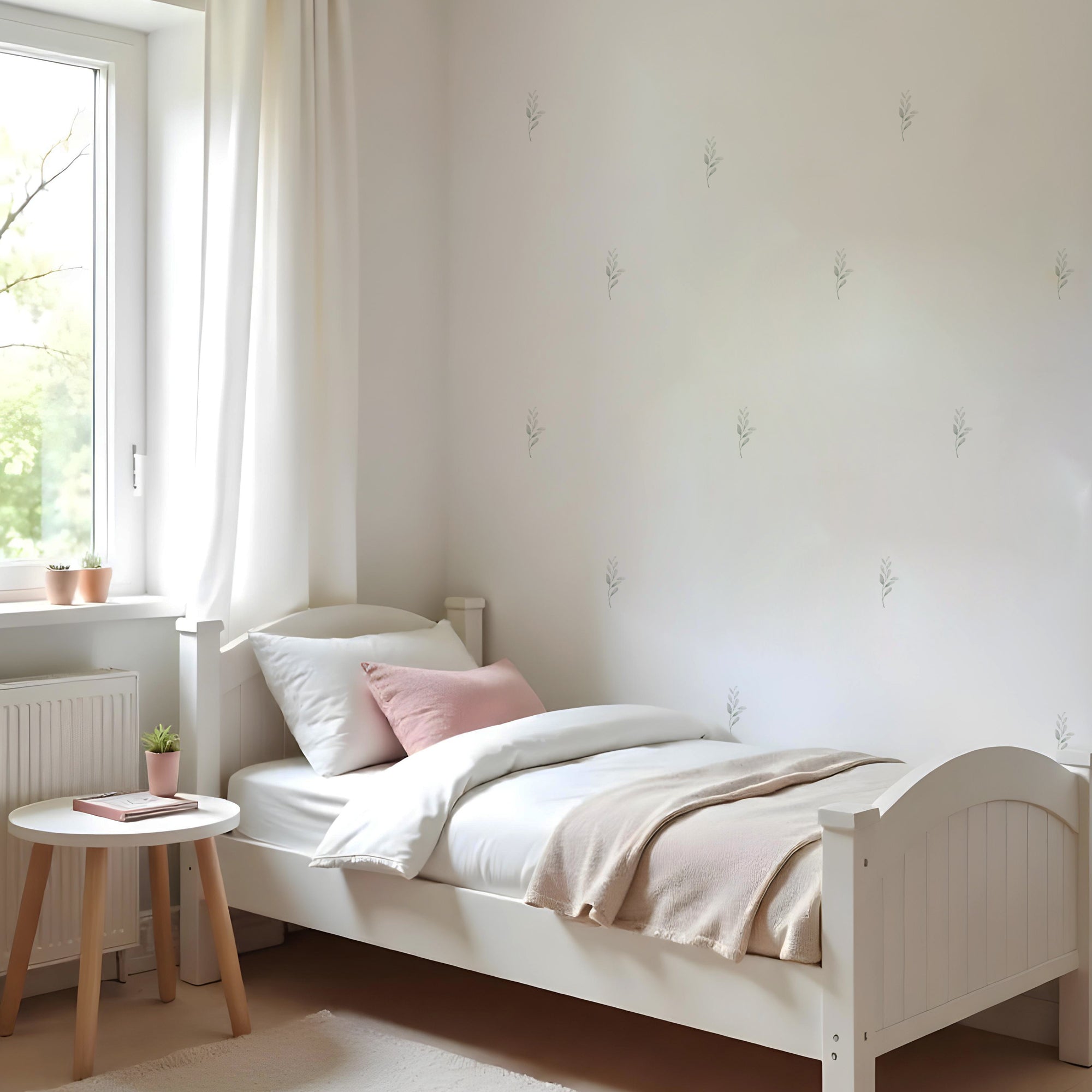 Pared blanca y lisa de dormitorio infantil de niña, con detalles en rosa y madera, decorada con vinilo decorativo plantas estilo bohemio espiga en tamaño mediano, con textura lisa y acabado mate - Nicolasito.es #tamaño_Mediano