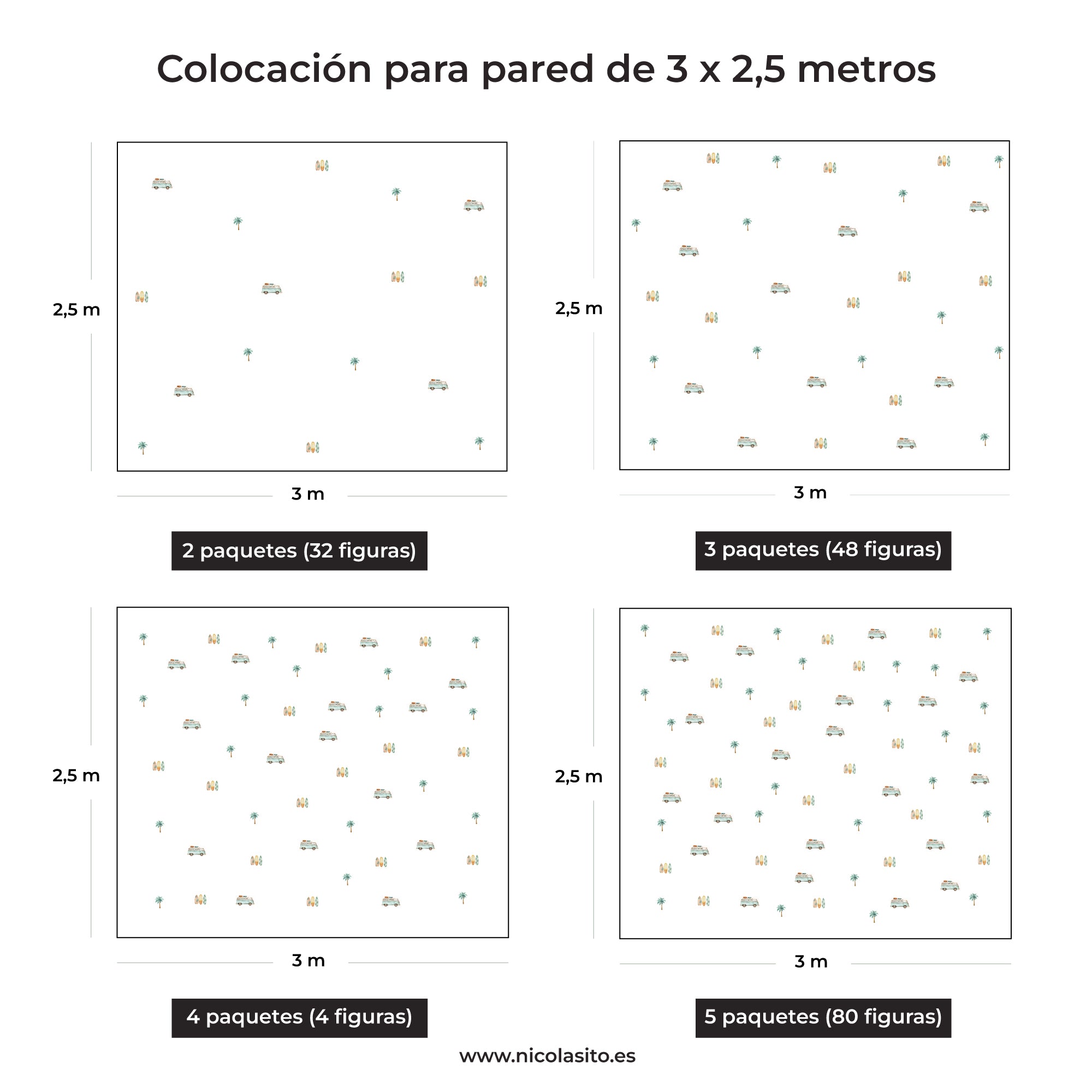 Imagen de muestra de diferentes paquetes de Vvnilos adhesivos Salinas furgonetas, palmeras y tablas surf sobre una pared de 3 metros x 2,5 metros. Ideas decoración de pared con vinilos decorativos - Nicolasito.es