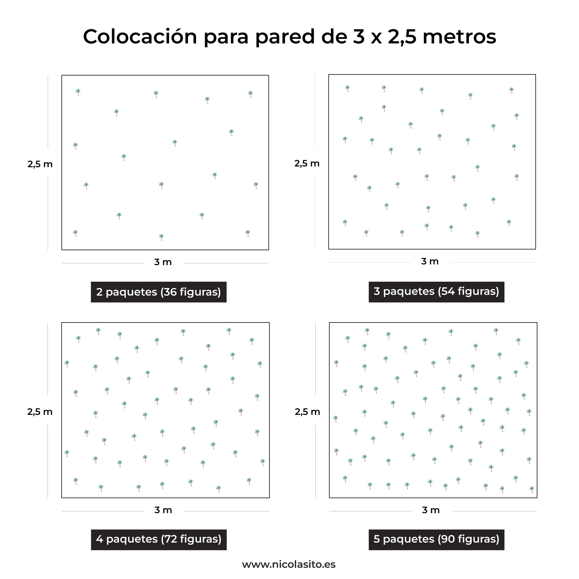 Imagen que muestra los ejemplo de cómo quedan diferentes paquetes del vinilo decorativo de paredes en forma de palmeras sobre una pared de tamaño grande - Nicolasito.es
