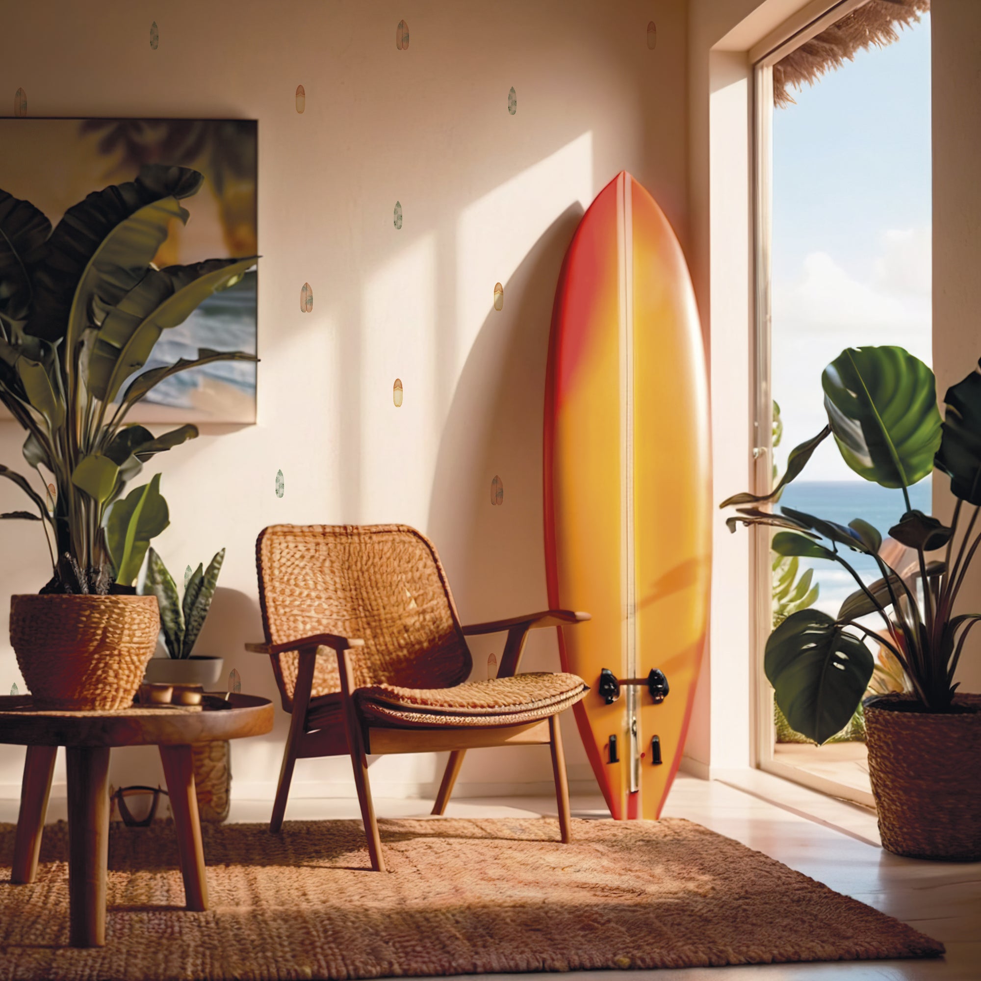 Salón de casa de verano decorado con detalles en madera y con paredes altas y blancas decoradas con vinilo adhesivo de pared en forma de tablas de surf con acabado acuarela, creando un efecto de falso papel pintado - Nicolasito.es