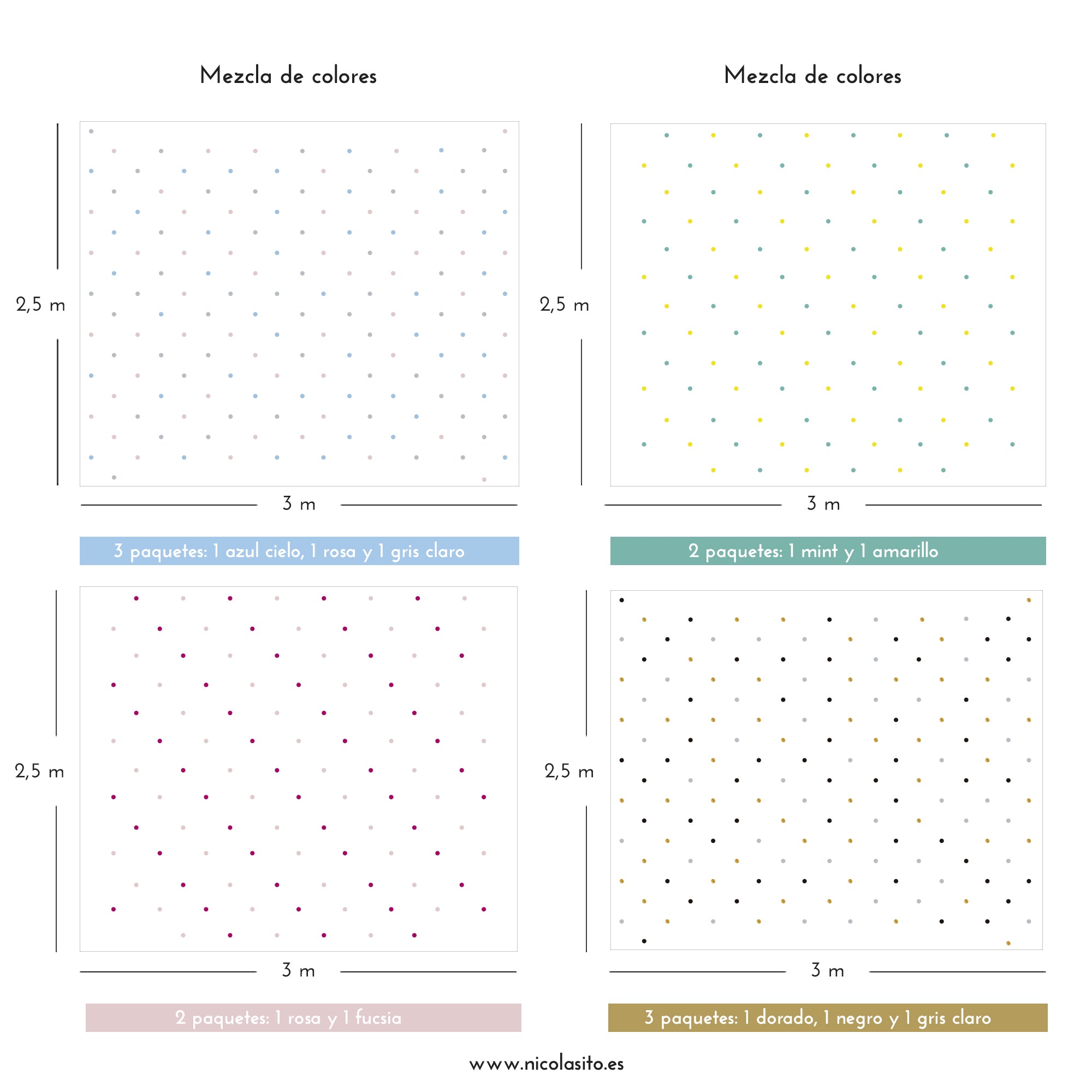 Ejemplo de cobertura con varios paquetes de vinilo decorativo topitos lunares 3cm en diferentes colores - Nicolasito.es
