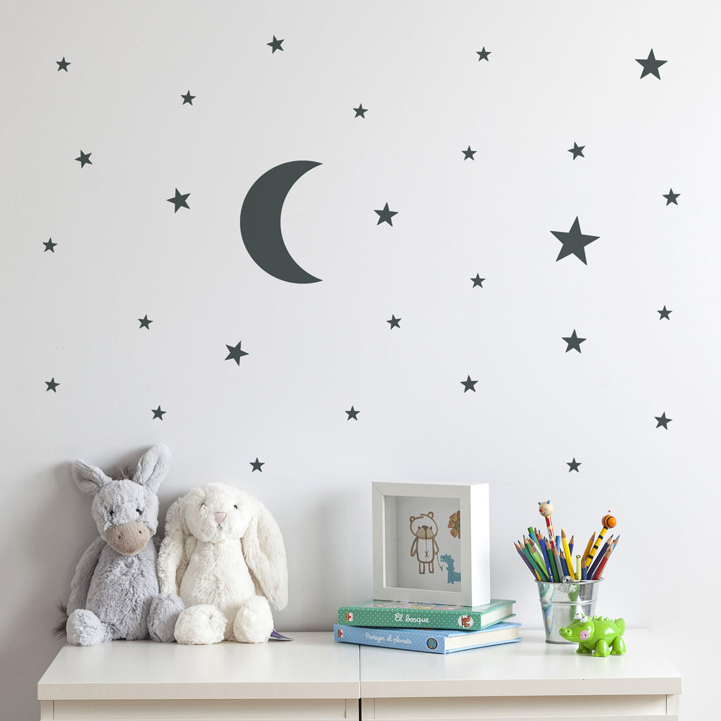 Vinilo infantil adhesivo en forma de luna y estrellas decorativas en color neutro para dormitorios - Nicolasito.es #color_Gris oscuro