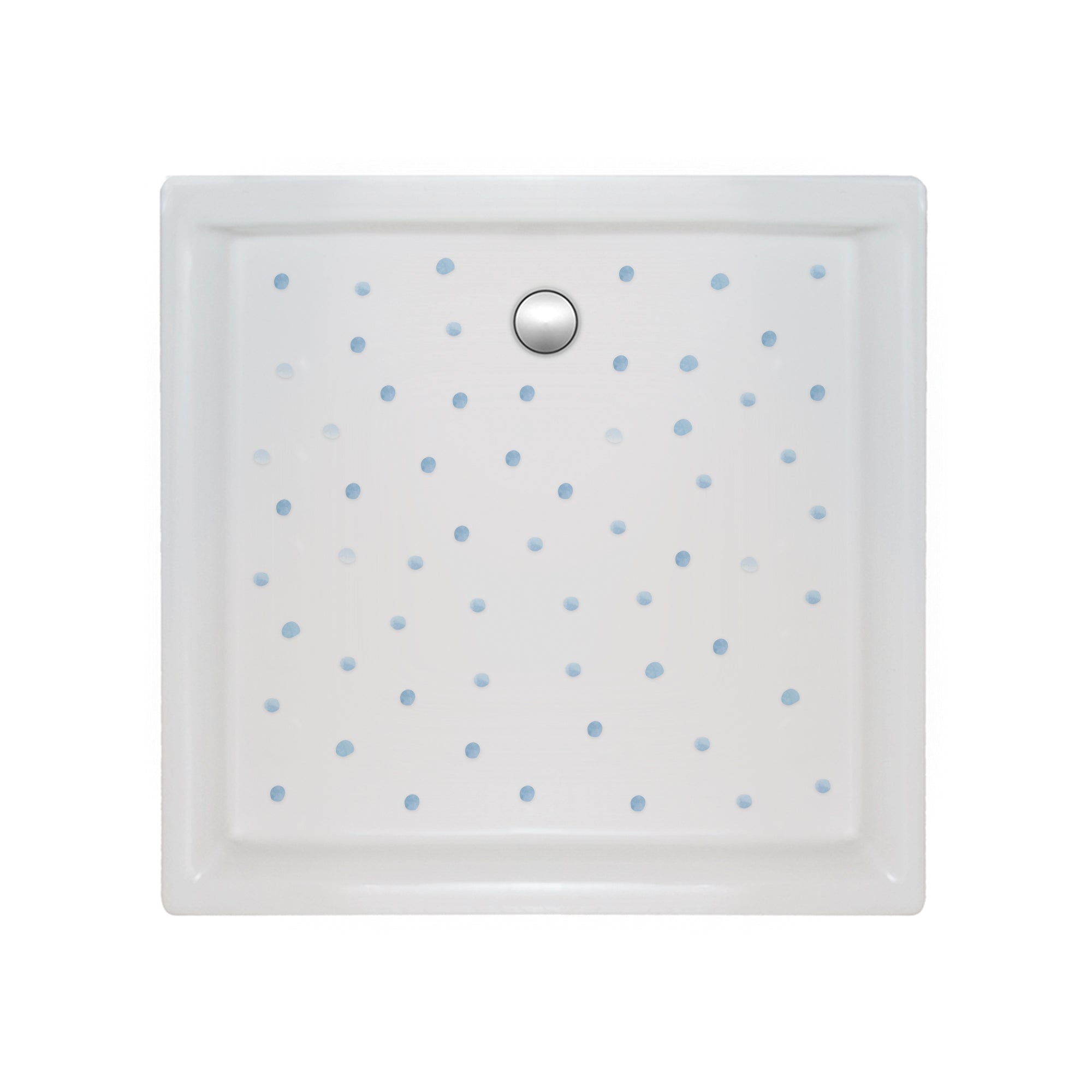 Set de 80 pegatinas antideslizantes de topitos de color azul colocados sobre un plato de ducha. Círculos/lunares efecto acuarela aplicados en ducha, combinando seguridad y un toque moderno. Ideal para evitar resbalones durante el baño - Nicolasito.es #color_antideslizante-topitos-azul