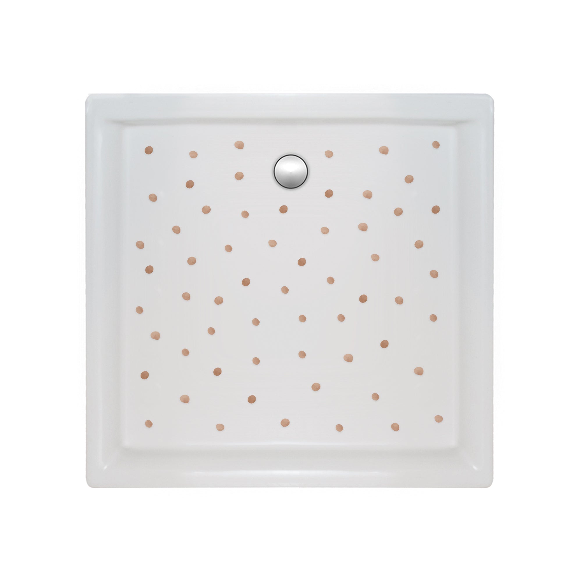 Paquete de 80 vinilos antideslizantes y adhesivos en forma de círculos de color marrón y acabado acuarela, aplicados sobre plato de ducha, creando un ambién seguro y elegante durante el baño - Nicolasito.es #color_antideslizante-topitos-marron