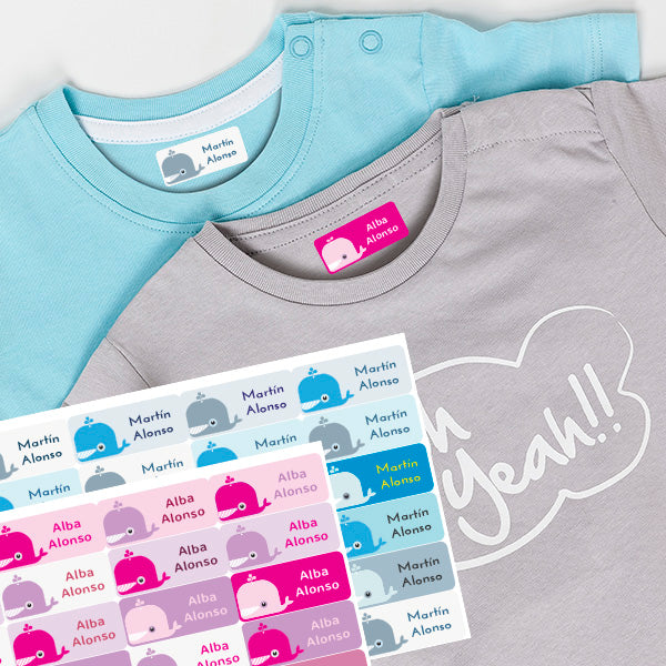 Etiquetas adhesivas personalizadas con temática oceánica y ballena sonriente resistentes al uso diario para marcar ropa infantil - Nicolasito.es #color_Azul