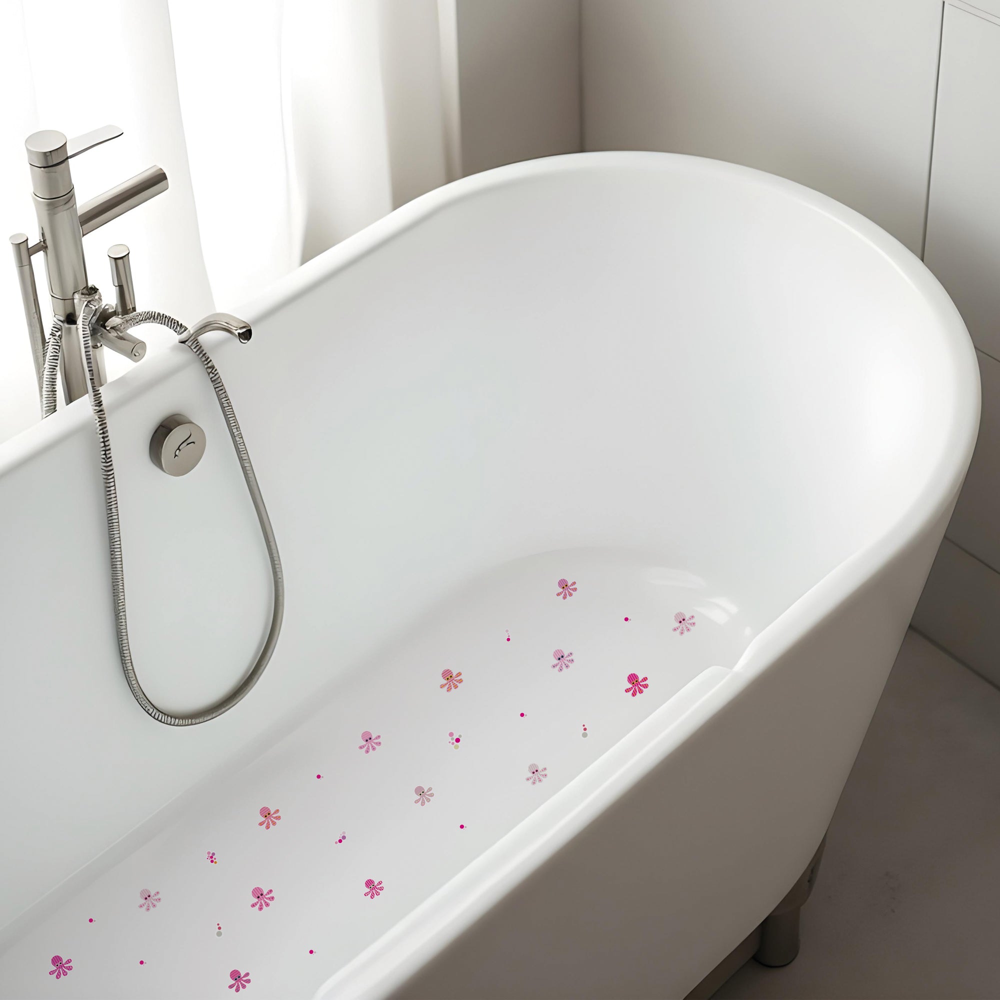 Plano detalle de bañera blanca minimalista con set de pegatinas antideslizantes infantiles en forma de pulpos de color rosa que ayudan a evitar resbalones durante el baño creando un ambiente seguro y divertido - Nicolasito.es #color_Rosa