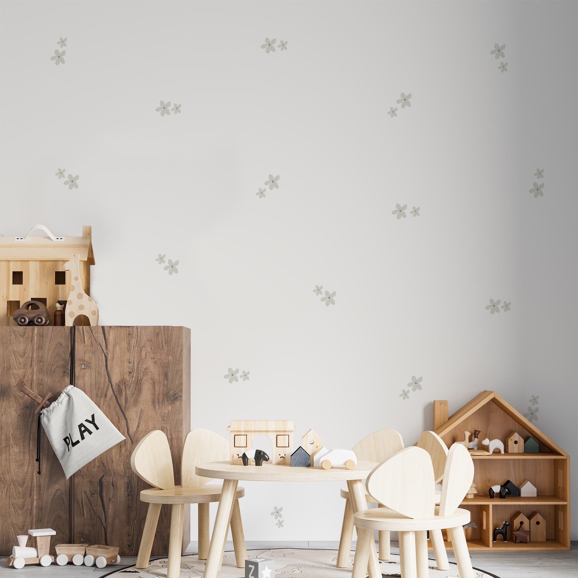 Vinilo decorativo flores boho en tonos verde sobre pared de dormitorio infantil con decoración moderna y estilo bohemio creando un ambiente natural y relajado - Nicolasito.es #color_flores-boho-oliva