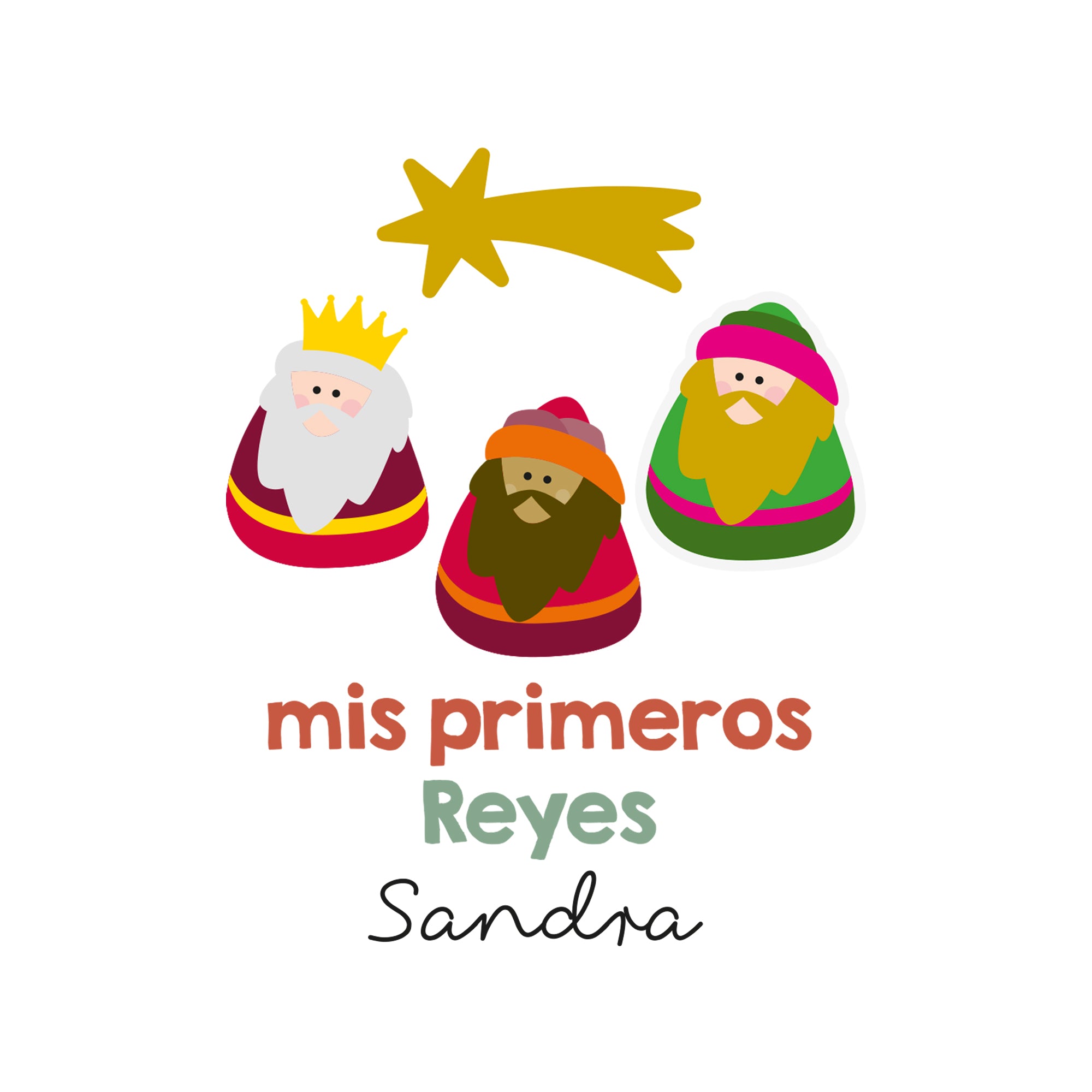 Detalle del diseño del conjunto de primera puesta de Reyes Magos personalizado, con estampado navideño y nombre impreso en algodón orgánico para bebé - Nicolasito.es