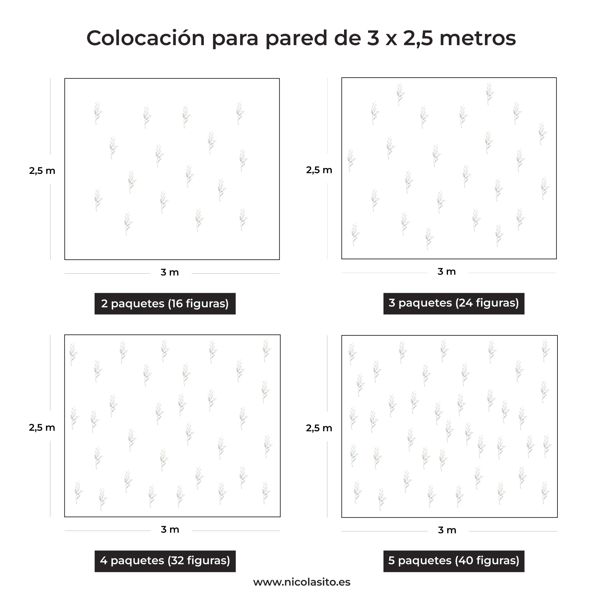 Estimación visual de cómo quedarían diferentes paquetes del vinilo decorativo espiga bohemio en tamaño grande sobre pared de 3 metros ancho por 2,5 metros alto, adhesivo pared plantas estilo boho para salas, dormitorios y recibidores - Nicolasito.es #tamaño_Grande