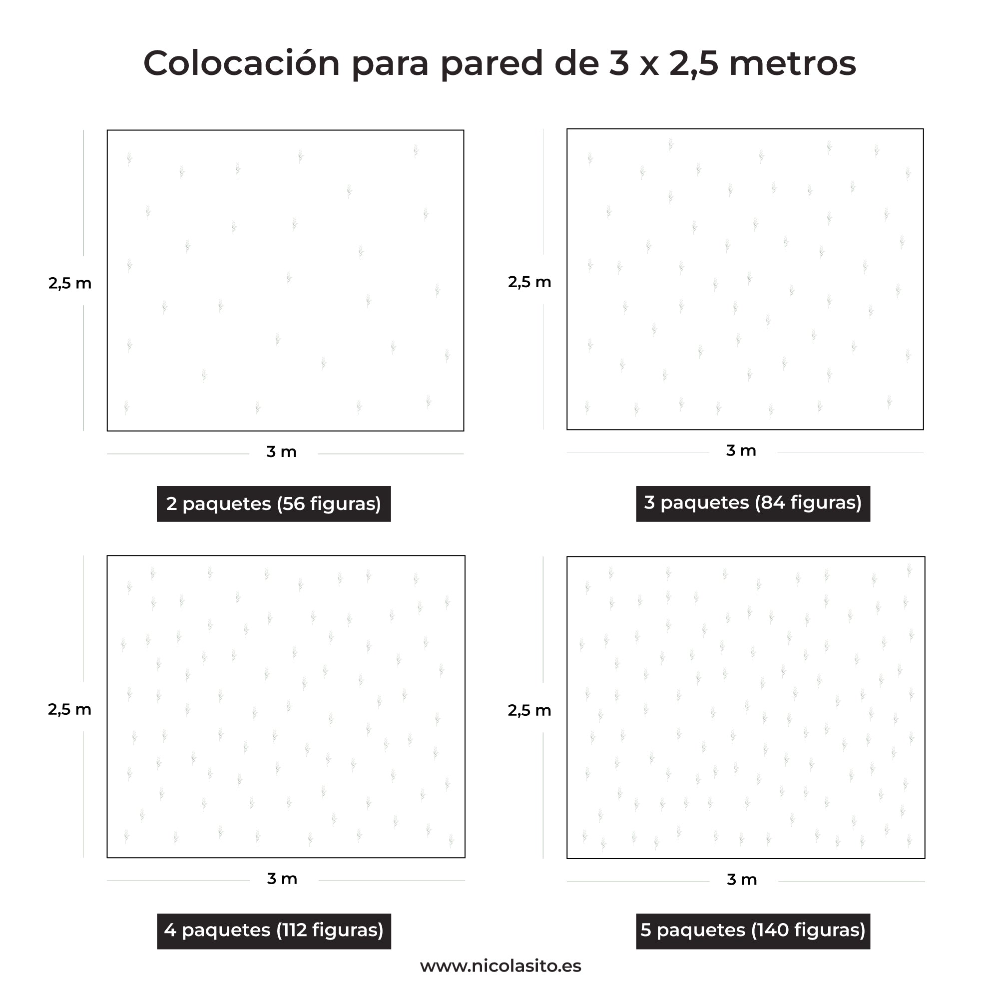 Imagen que muestra una simulación de cómo quedaría el vinilo decorativo espiga estilo bohemio de tamaño pequeño, en una pared de 3 metros por 2,5 metros - Nicolasito.es #tamaño_Pequeño