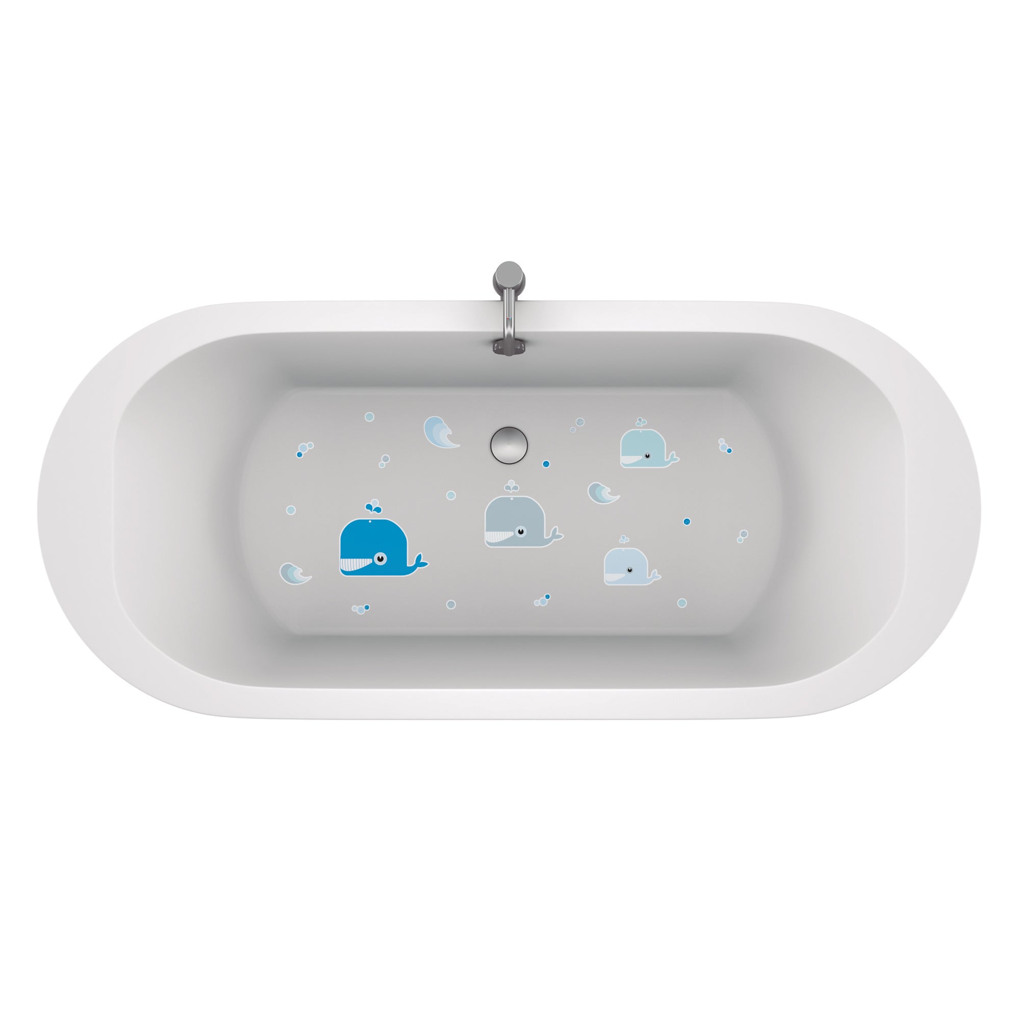 Plano detallada de bañera infantil con vinilo antideslizante en forma de ballenas de color azul infantiles para evitar resbalones durante el baño creando un ambiente seguro - Nicolasito.es #color_Azul