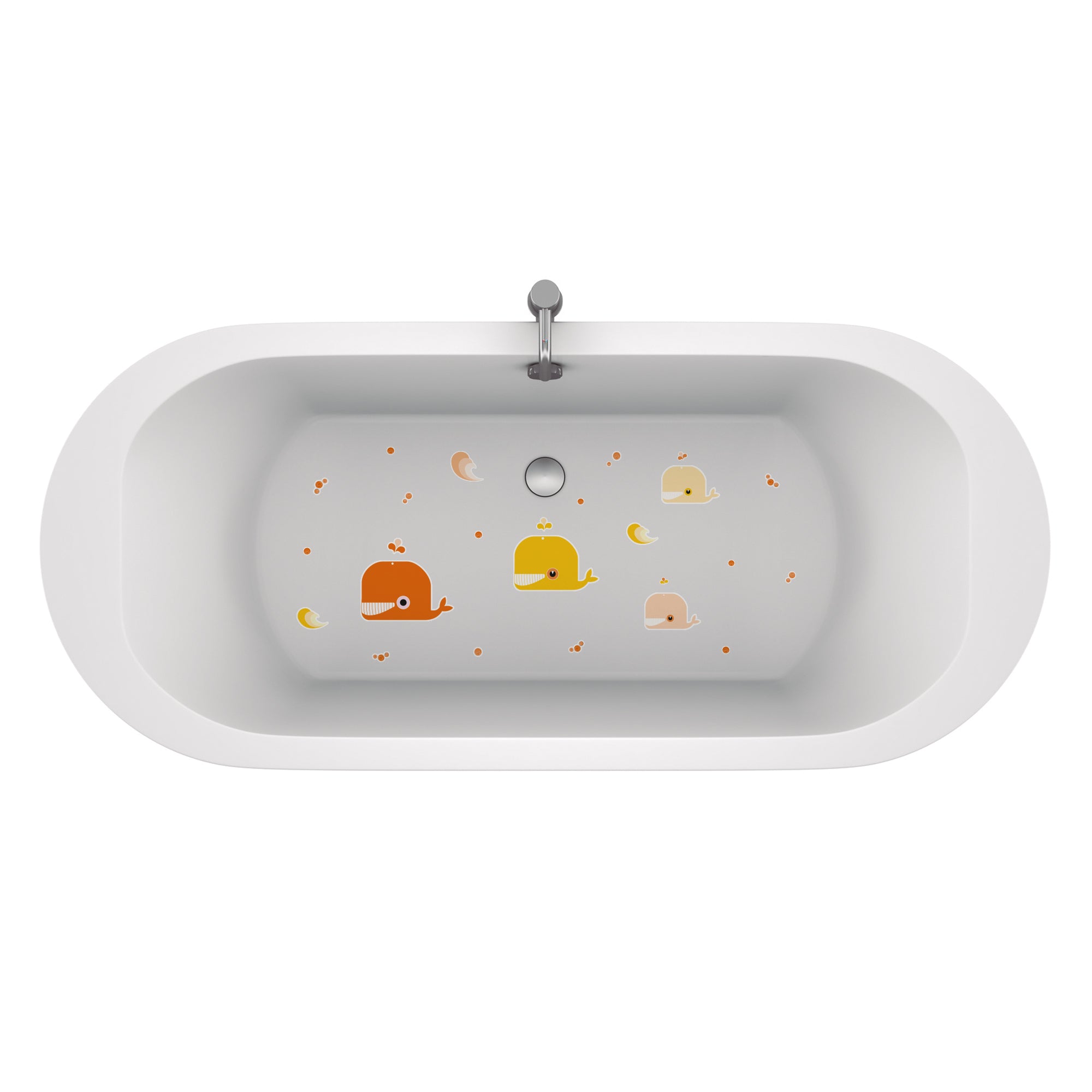 Plano detalle de bañera infantil con pegatinas antideslizantes en forma de ballenas de color naranjas infantiles para evitar resbalones durante el baño creando un ambiente divertido - Nicolasito.es #color_Naranja