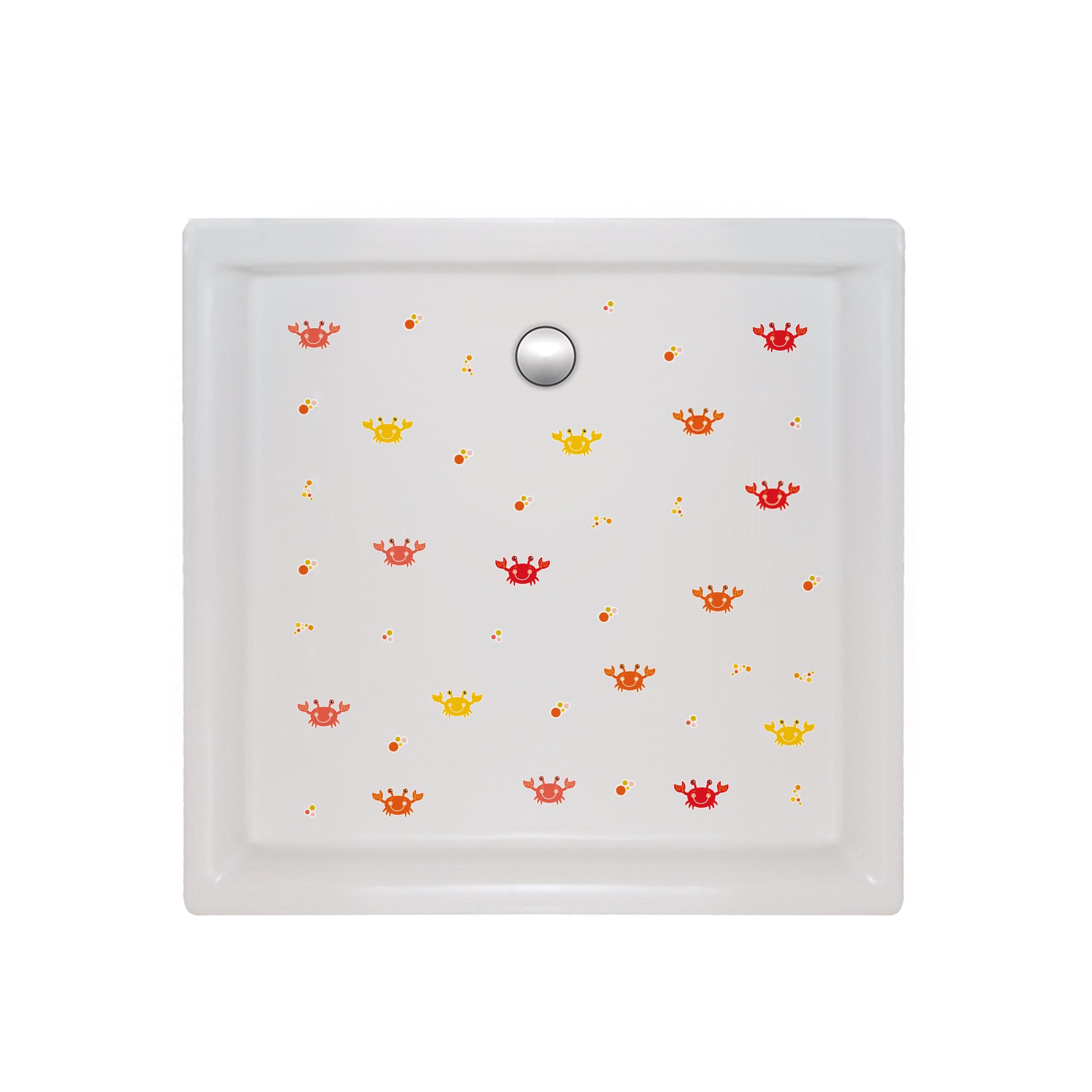 pegatinas antideslizante de cangrejo rojo y naranja aplicando en el fondo de una ducha, mostrando su diseño colorido y funcionalidad antideslizante - Nicolasito.es #color_Naranja