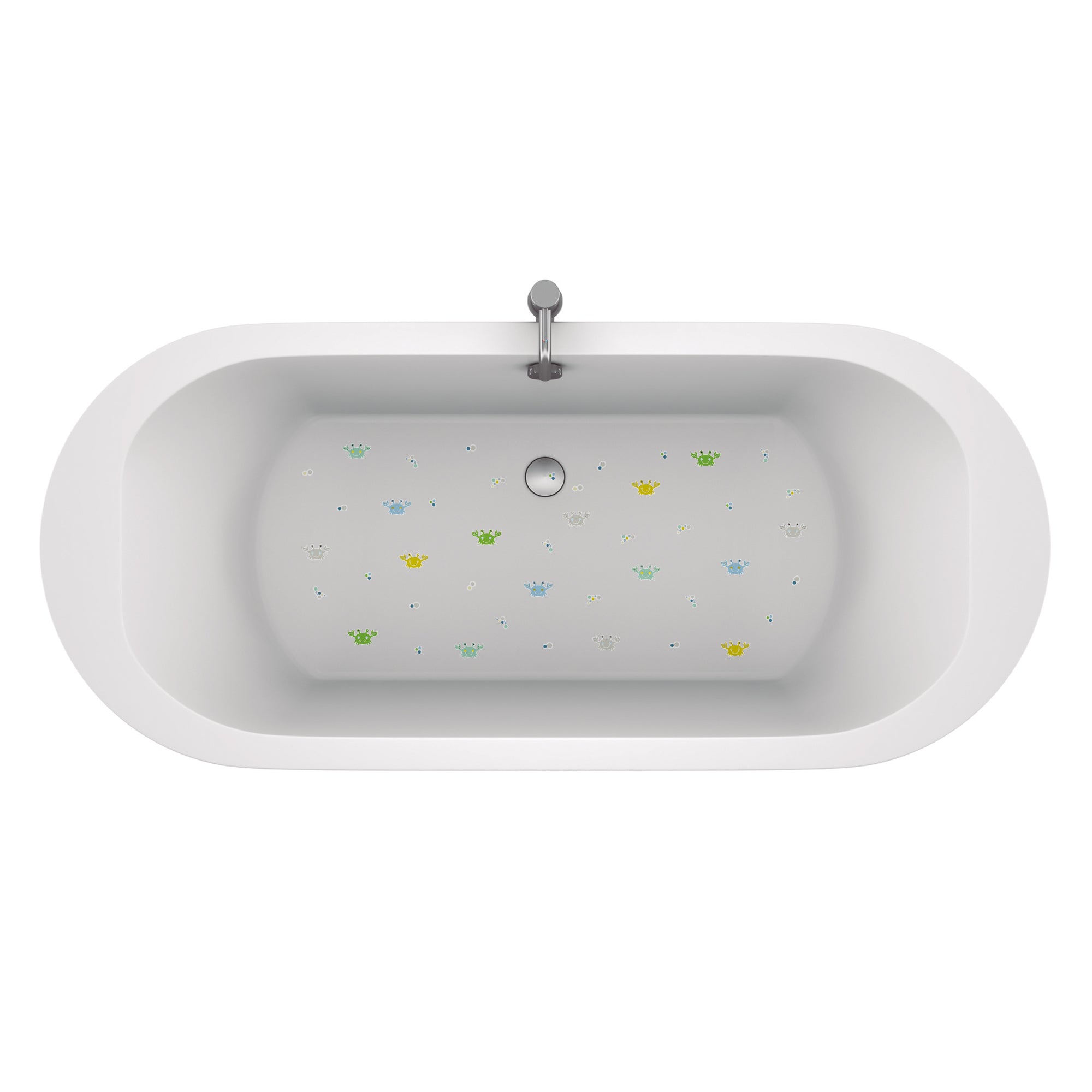 Vista general de la bañera decorada con 16 pegatinas antideslizantes de cangrejos verdes y azules para niños, distribuidas de manera segura y decorativa sobre el fondo blanco - Nicolasito.es #color_Verde