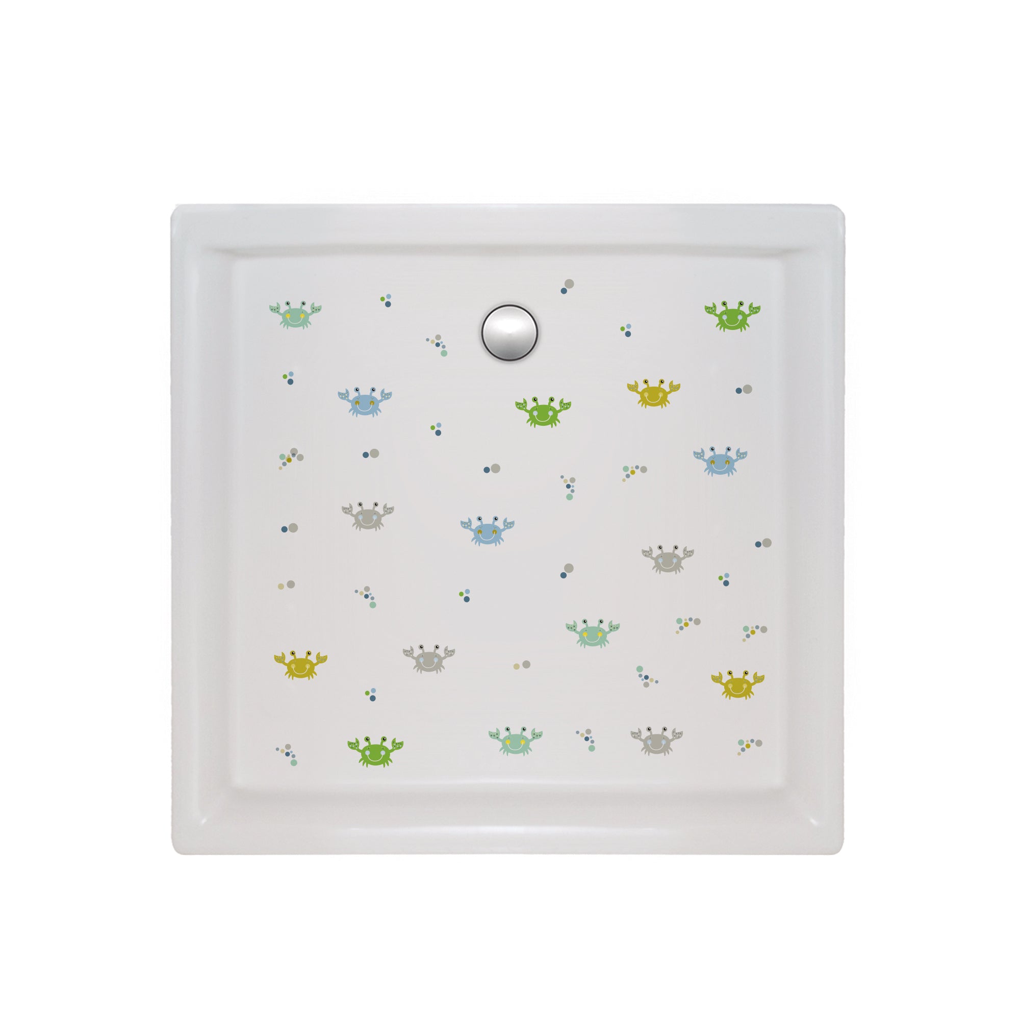 Plato de ducha con las pegatinas de cangrejos antideslizantes verdes y azules destacando que se mantienen firmemente adheridas bajo el agua, brindando seguridad en la ducha - Nicolasito.es #color_Verde