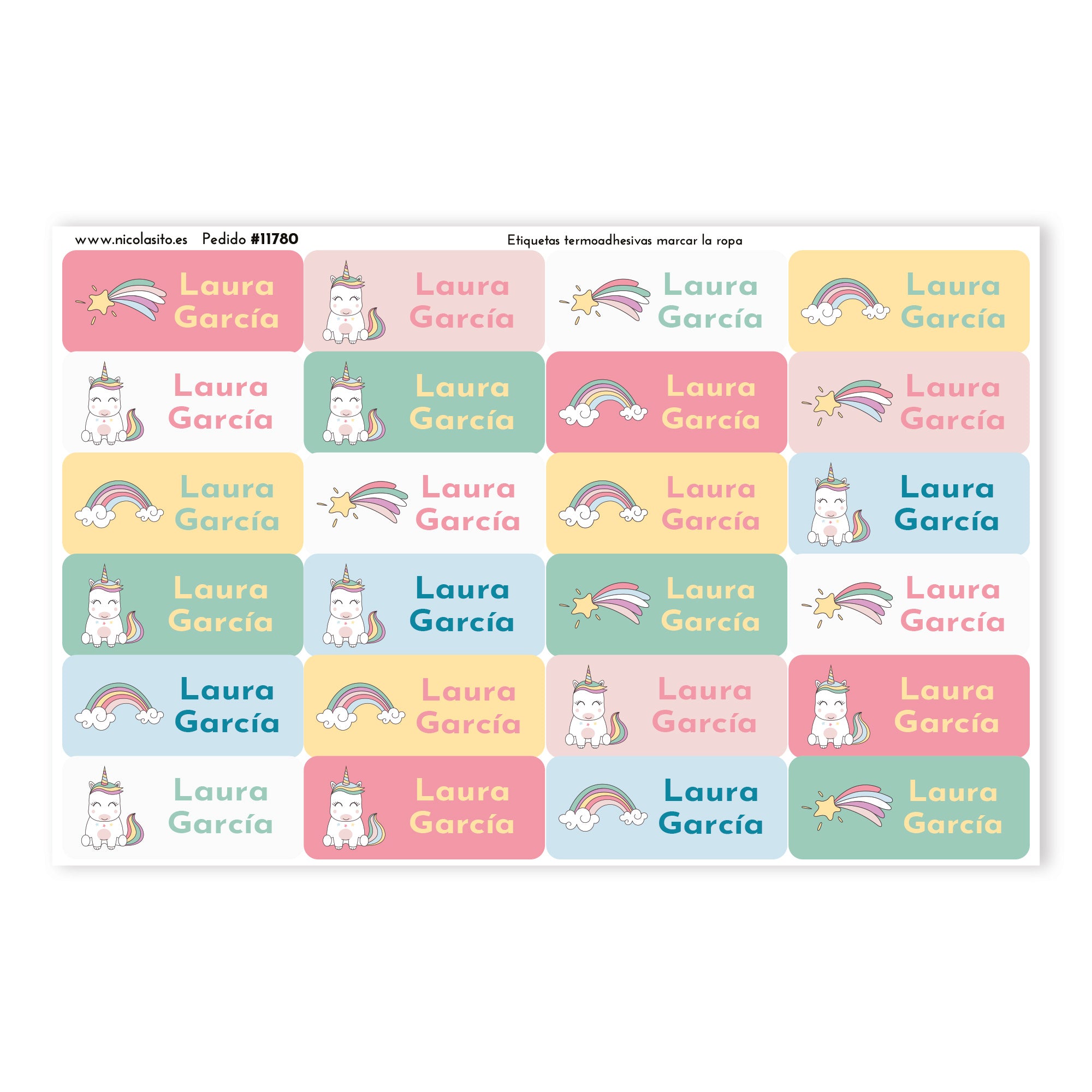 Pack de 24 etiquetas termoadhesivas con dibujo de unicornios, resistentes al lavado y personalizadas para marcar la ropa infantil - Nicolasito.es #forma_Rectangulares