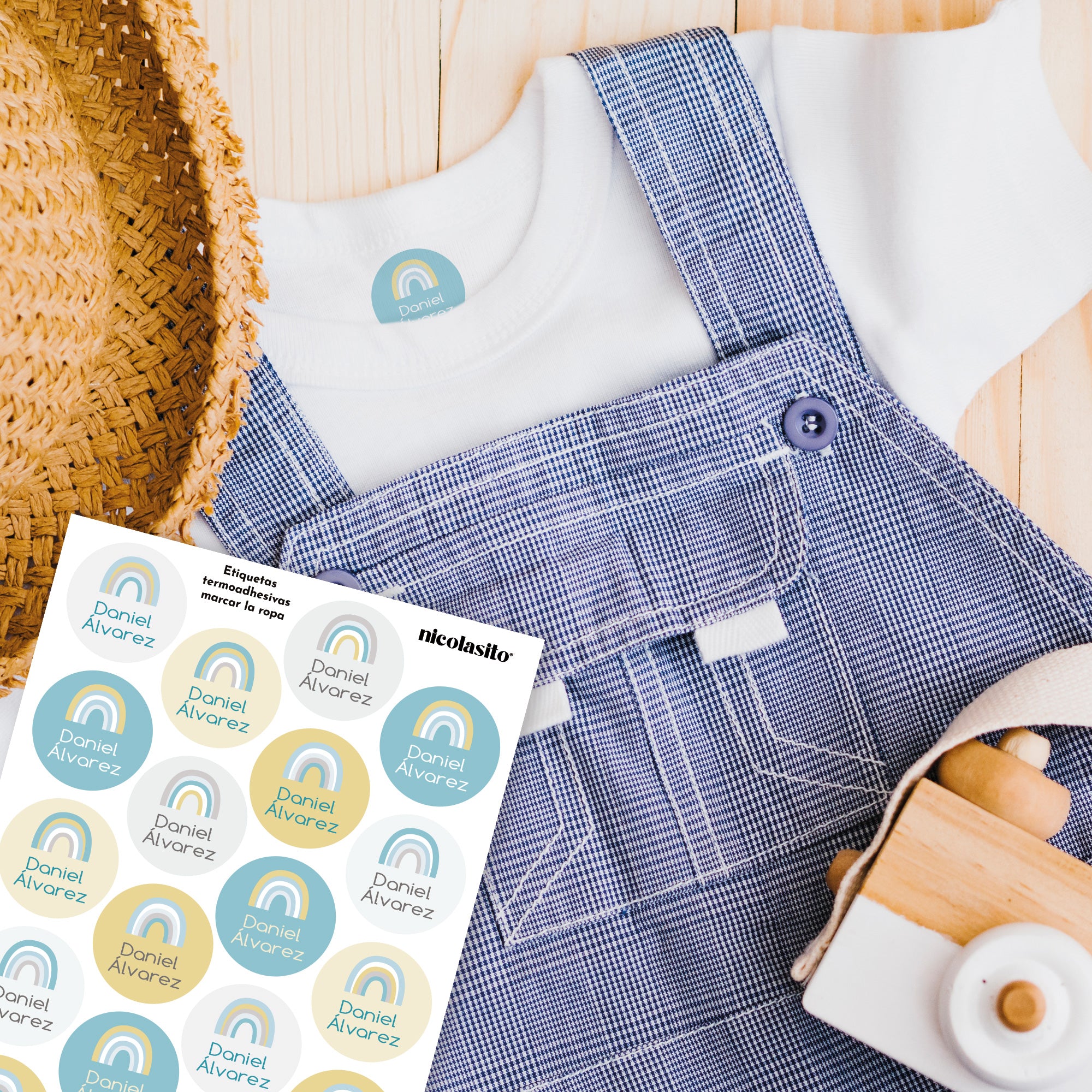 Etiquetas termoadesivas para marcar ropa de niños con diseño arcoíris azul personalizadas - Nicolasito.es #color_Pastel azul