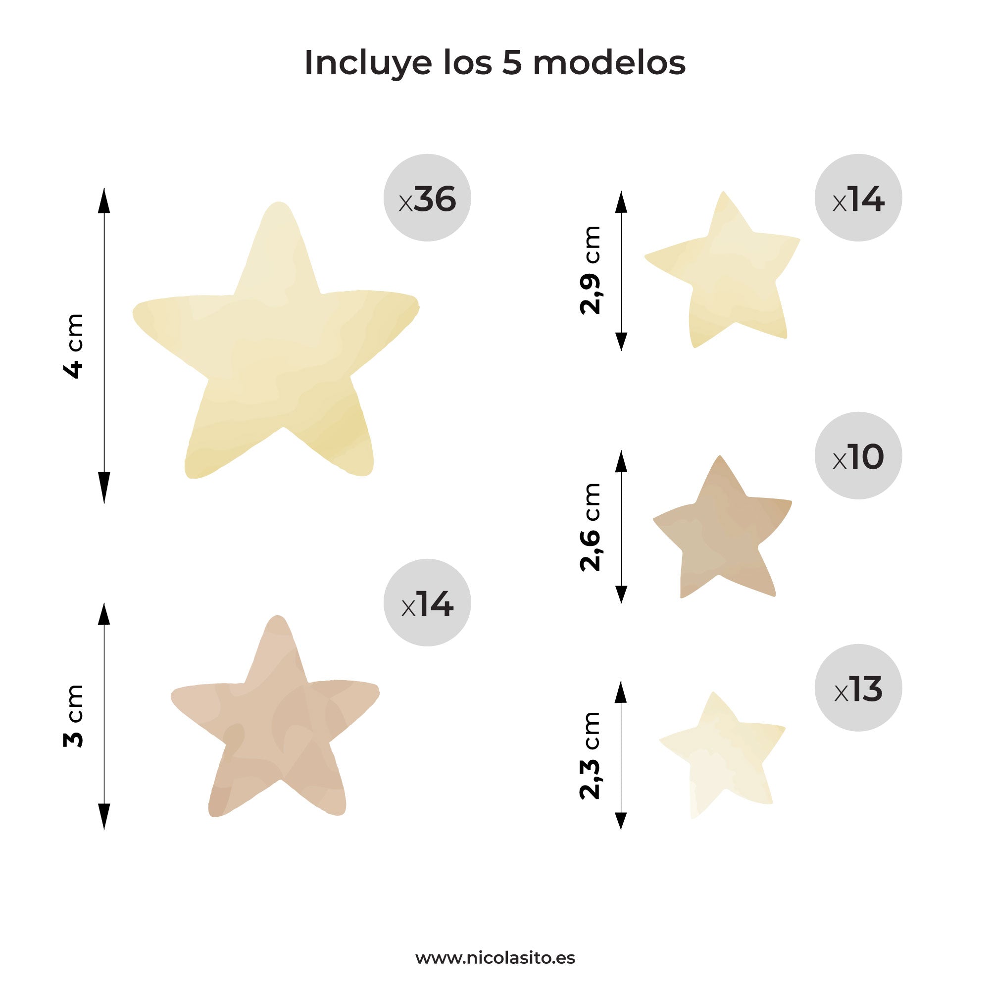 Tamaños disponibles del vinilo de estrellas acuarela para pared infantil - Nicolasito.es #color_estrellas acuarela amarillo
