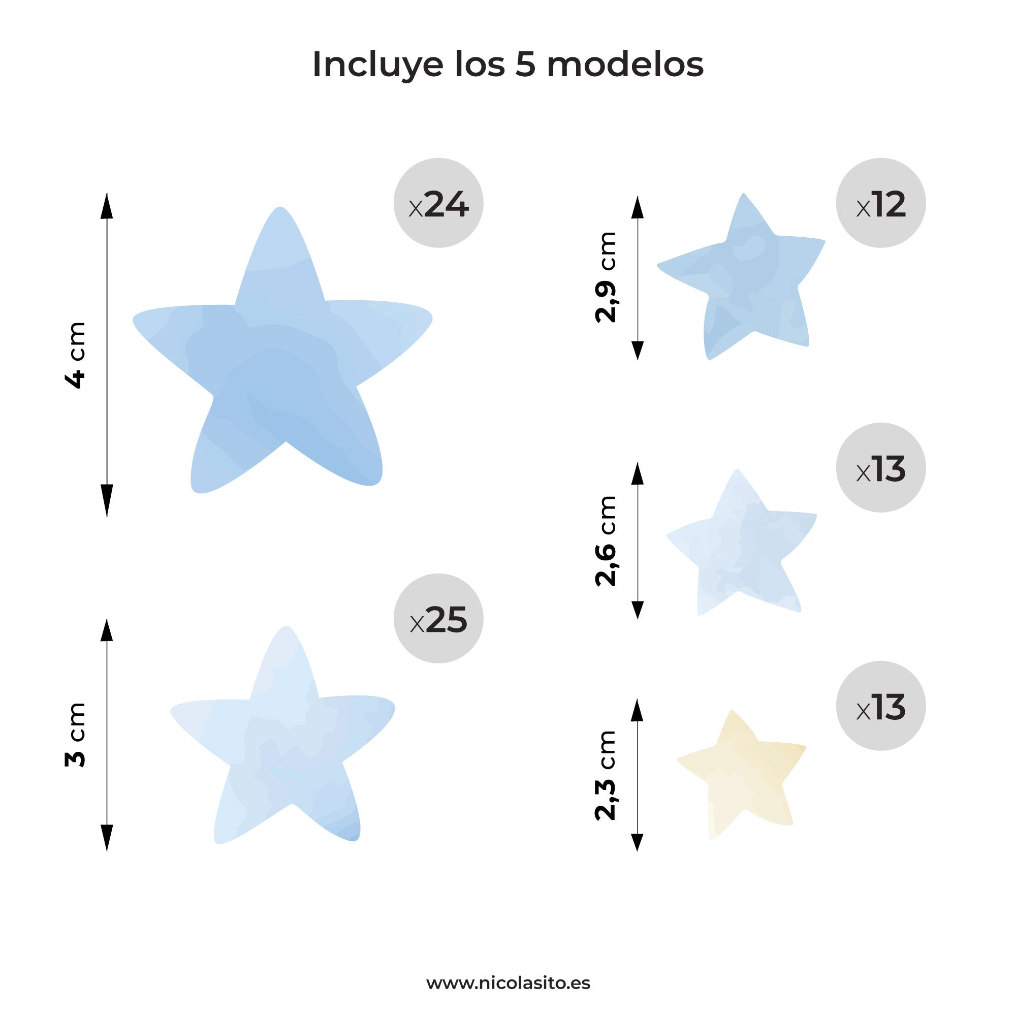 Guía de medidas del vinilo decorativo estrellas acuarela en centímetros - Nicolasito.es #color_estrellas acuarela azul