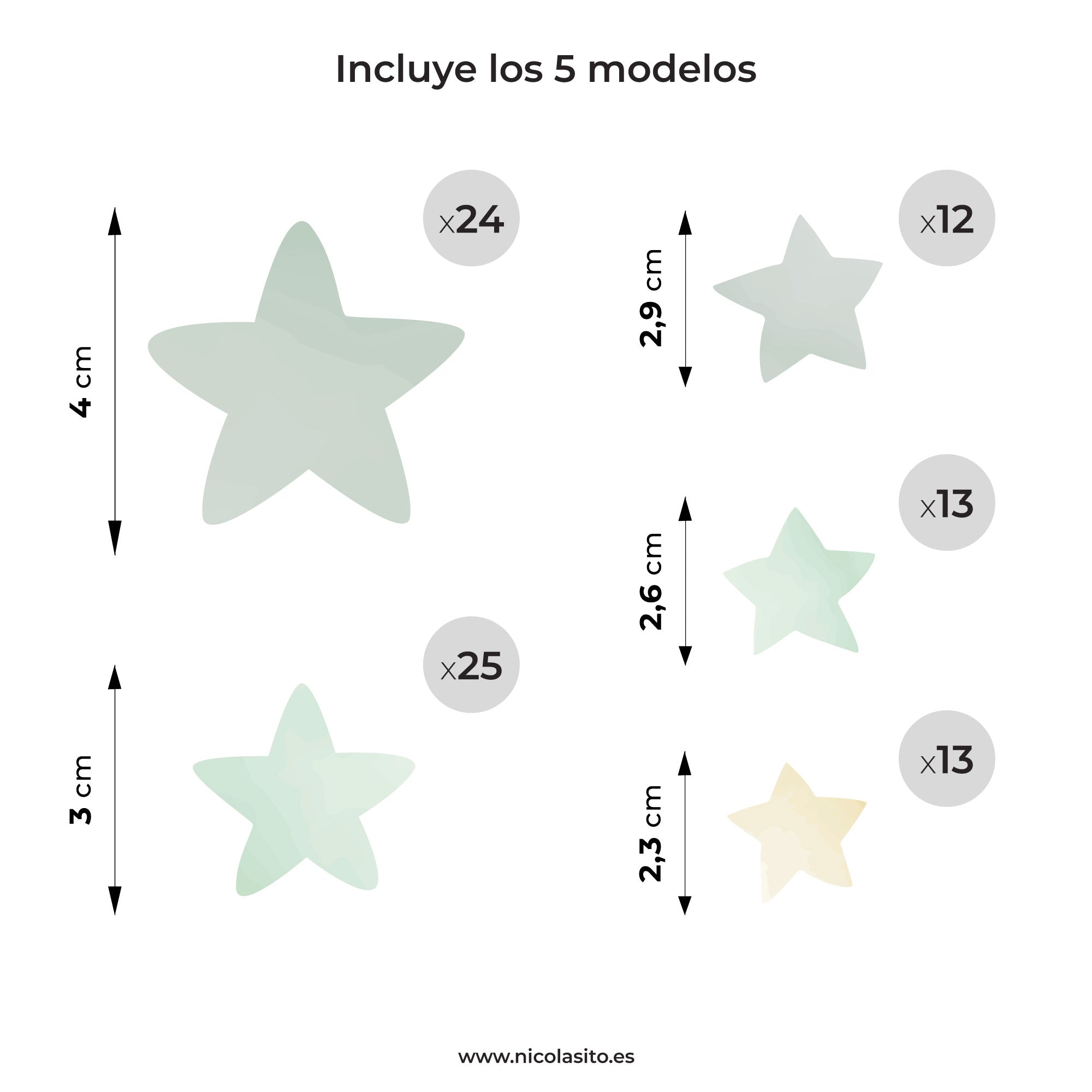 Detalle de dimensiones del vinilo decorativo estrellas acuarela - Nicolasito.es #color_estrellas acuarela verde