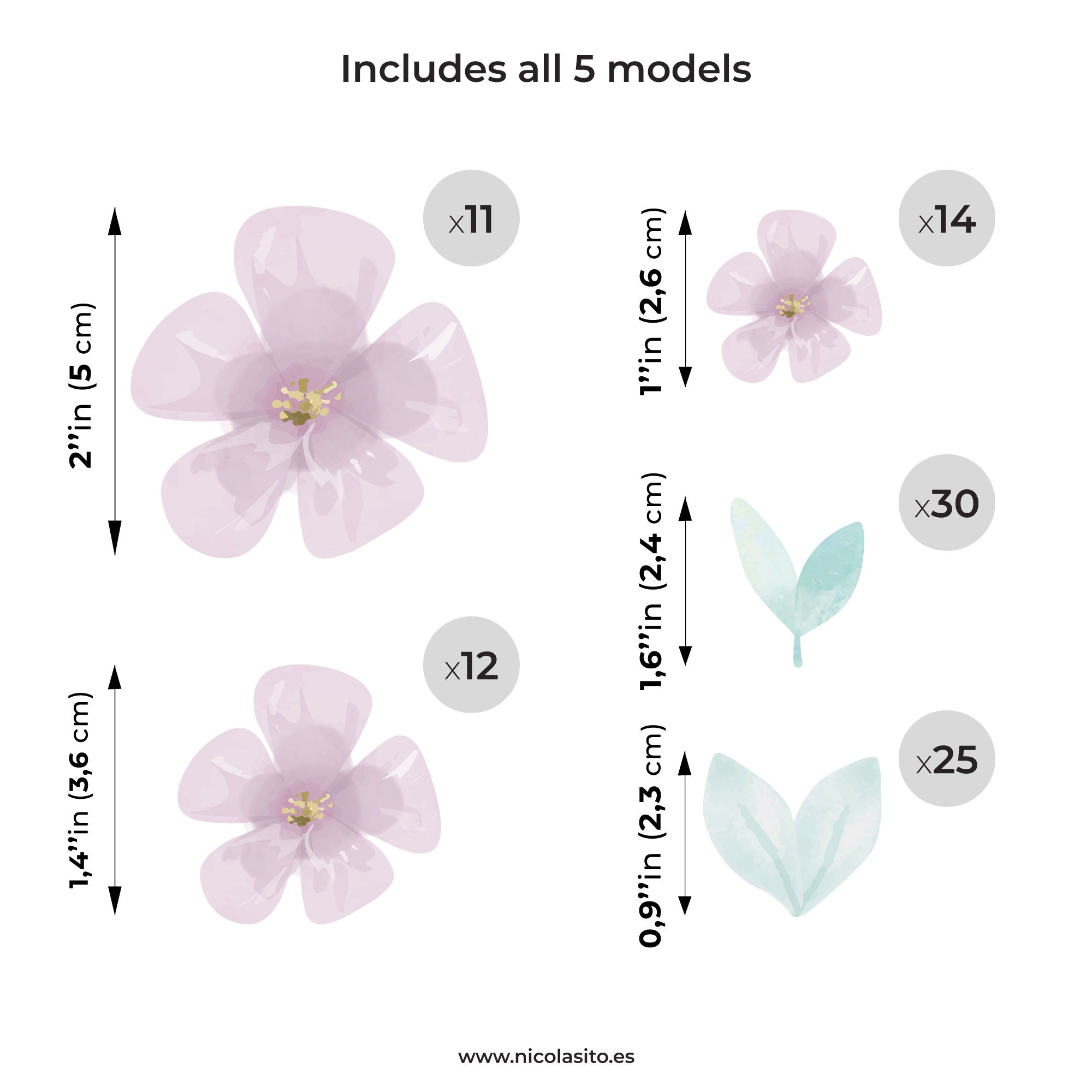 Imagen que muestra la cantidad de pegatinas de vinilo decortivo que incluye el pack de flores silvestres en color lila con sus medidas - Nicolasito.es #color_flores silvestres lila
