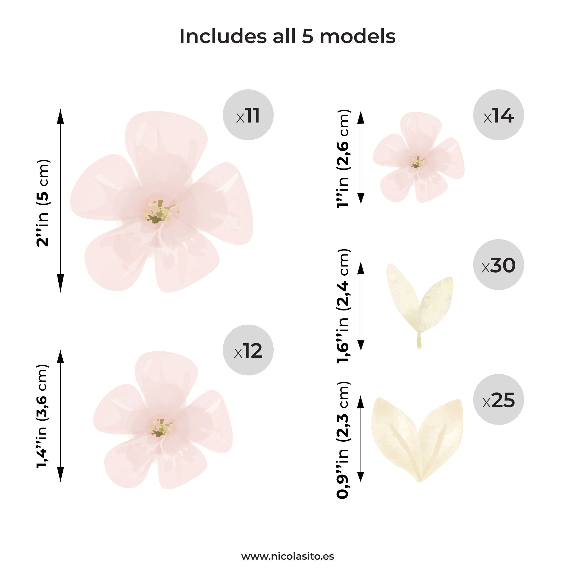 Imagen que muestra la cantidad de pegatinas de vinilo decortivo que incluye el pack de flores silvestres en color rosa con sus medidas - Nicolasito.es #color_flores silvestres rosa