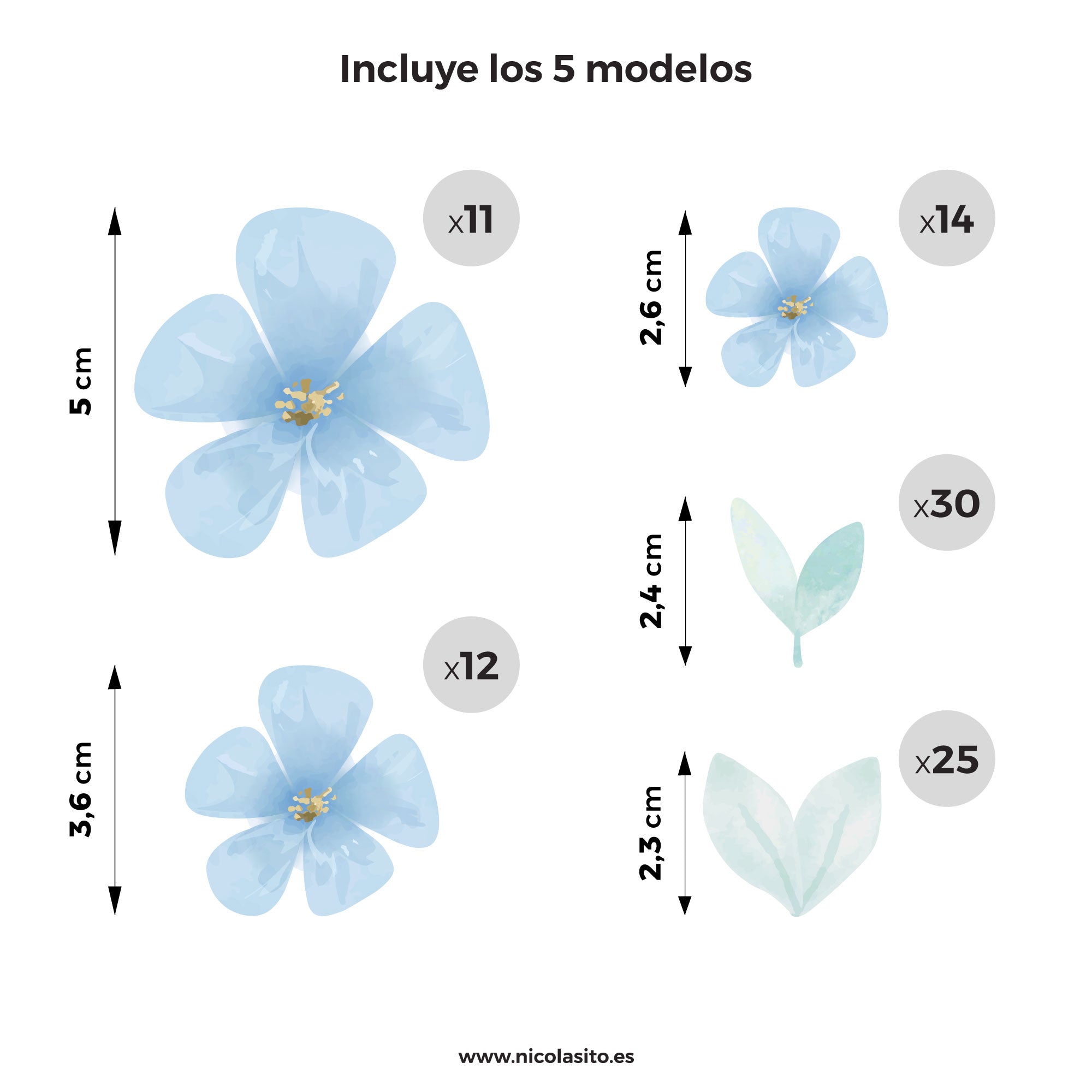 Imagen que muestra la cantidad de pegatinas de vinilo decortivo que incluye el pack con sus medidas - Nicolasito.es #color_flores silvestres azul