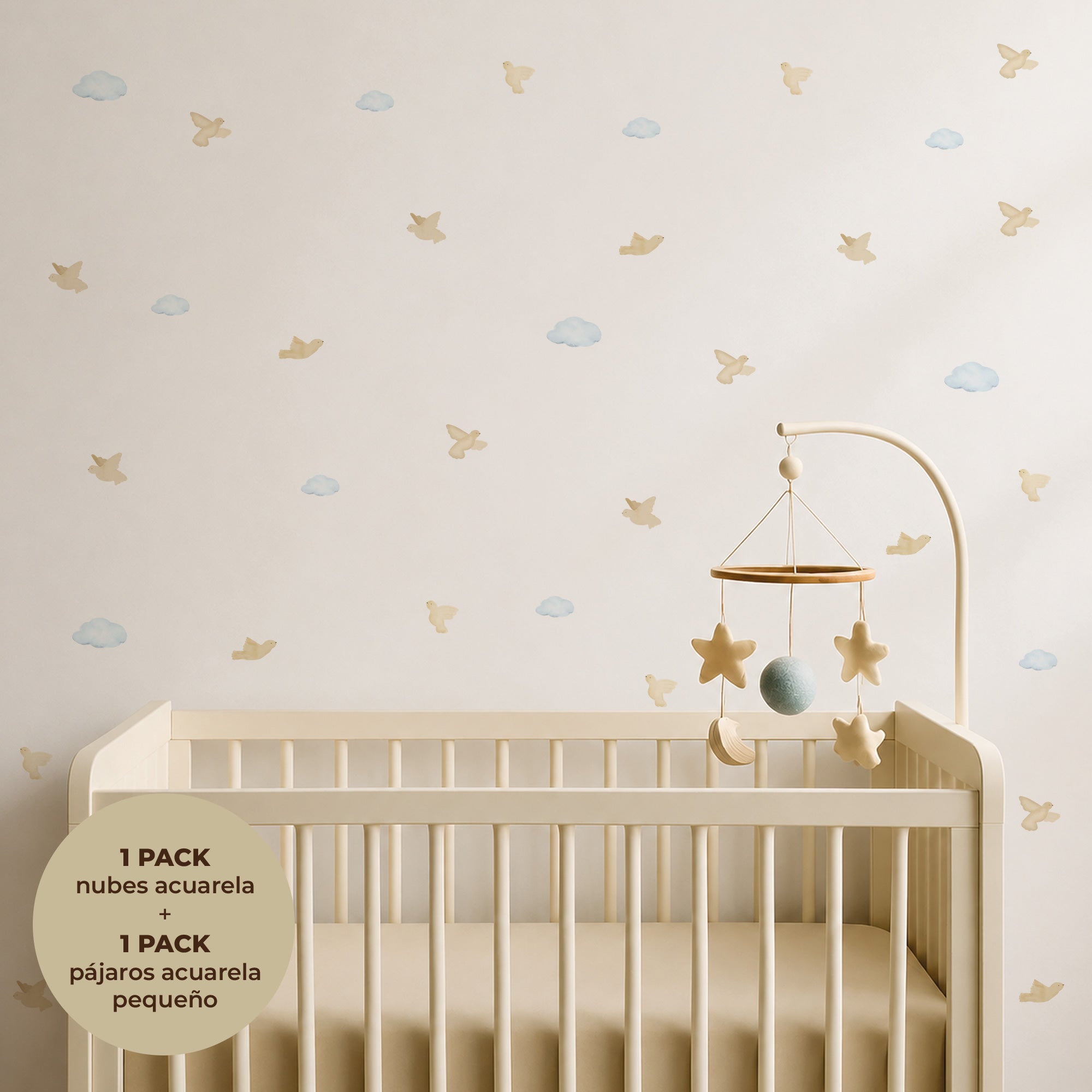 Vinilos decorativos de nubes y pájaros acuarela en pared de habitación de bebé - Nicolasito.es