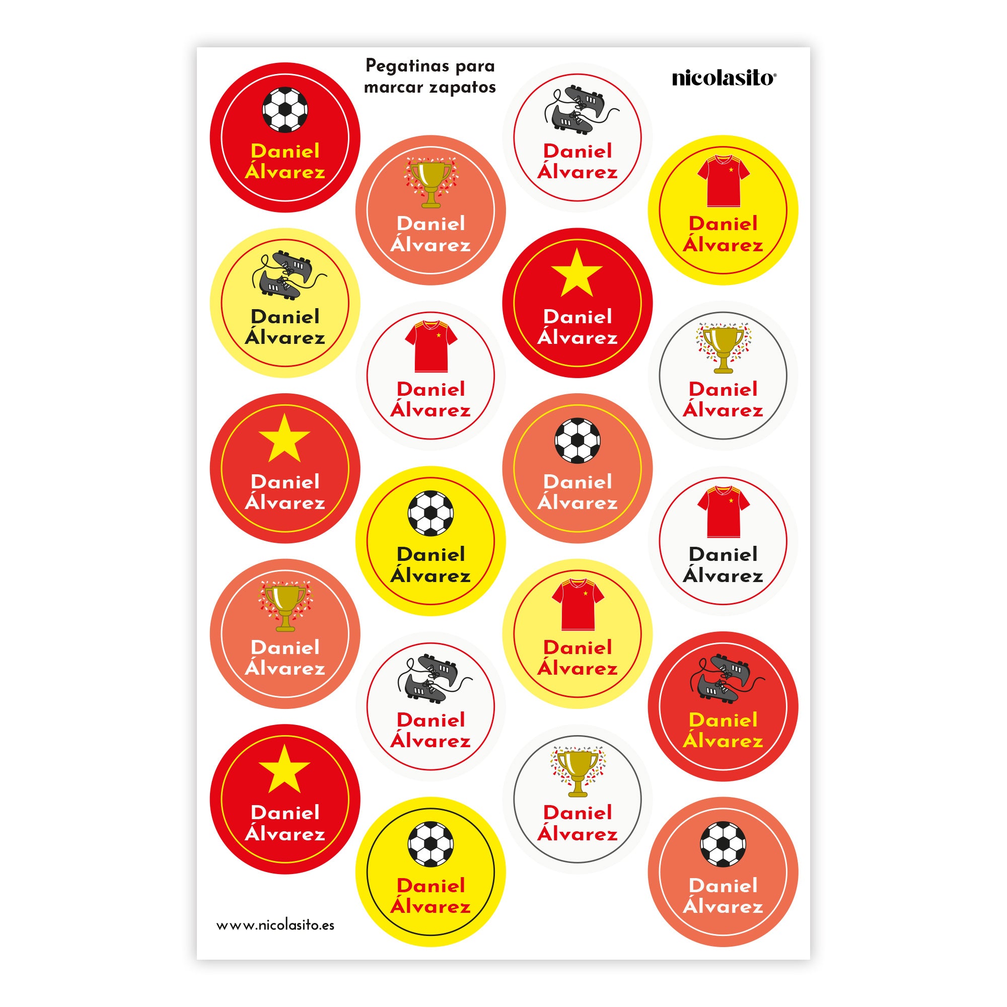 Pegatinas personalizadas para marcar zapatos de fútbol selección española con nombre infantil - Nicolasito.es #Color_Fútbol Selección Española